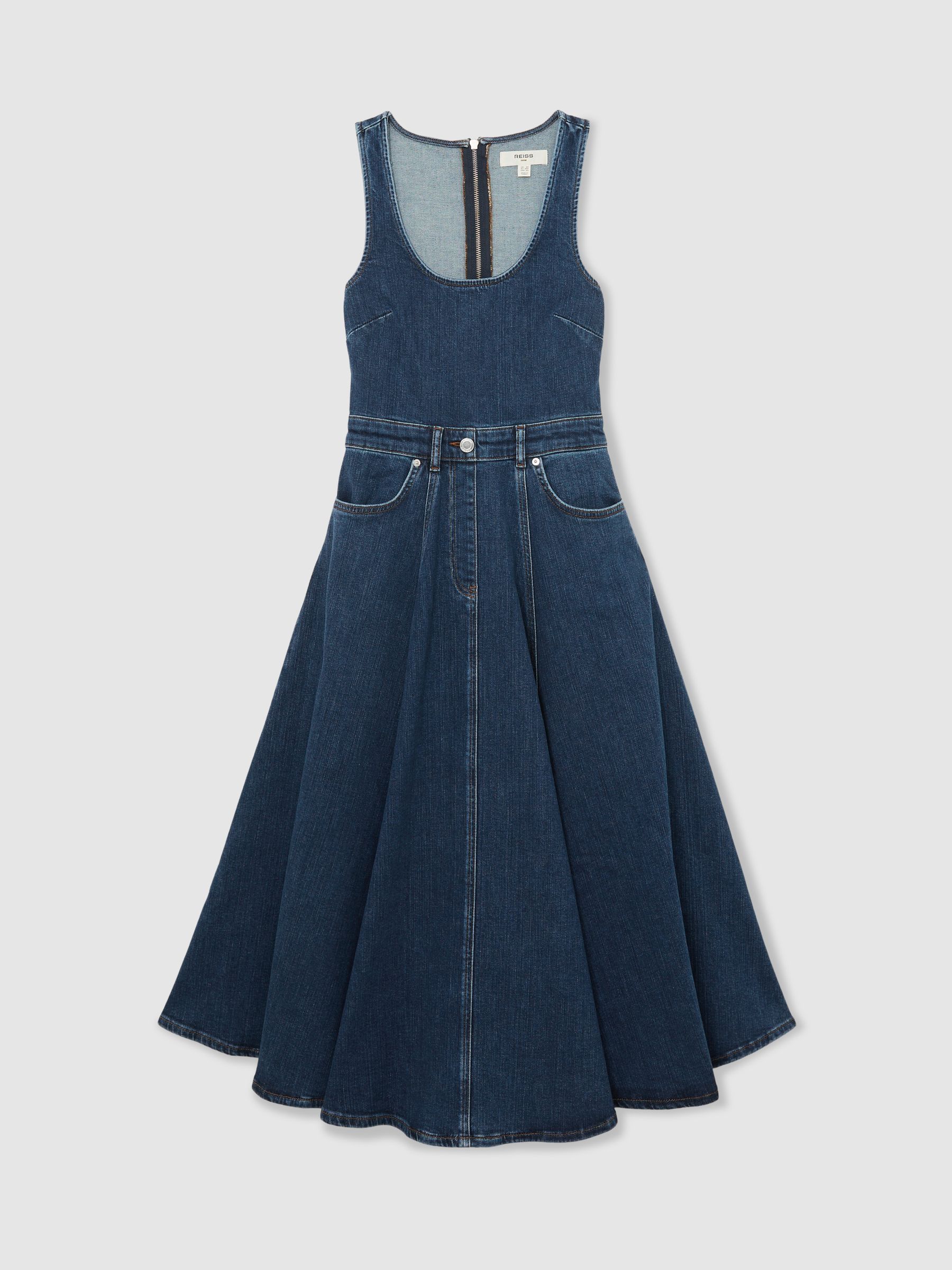 Denim Sleeveless Waisted Midi Dress in Indigo Blue