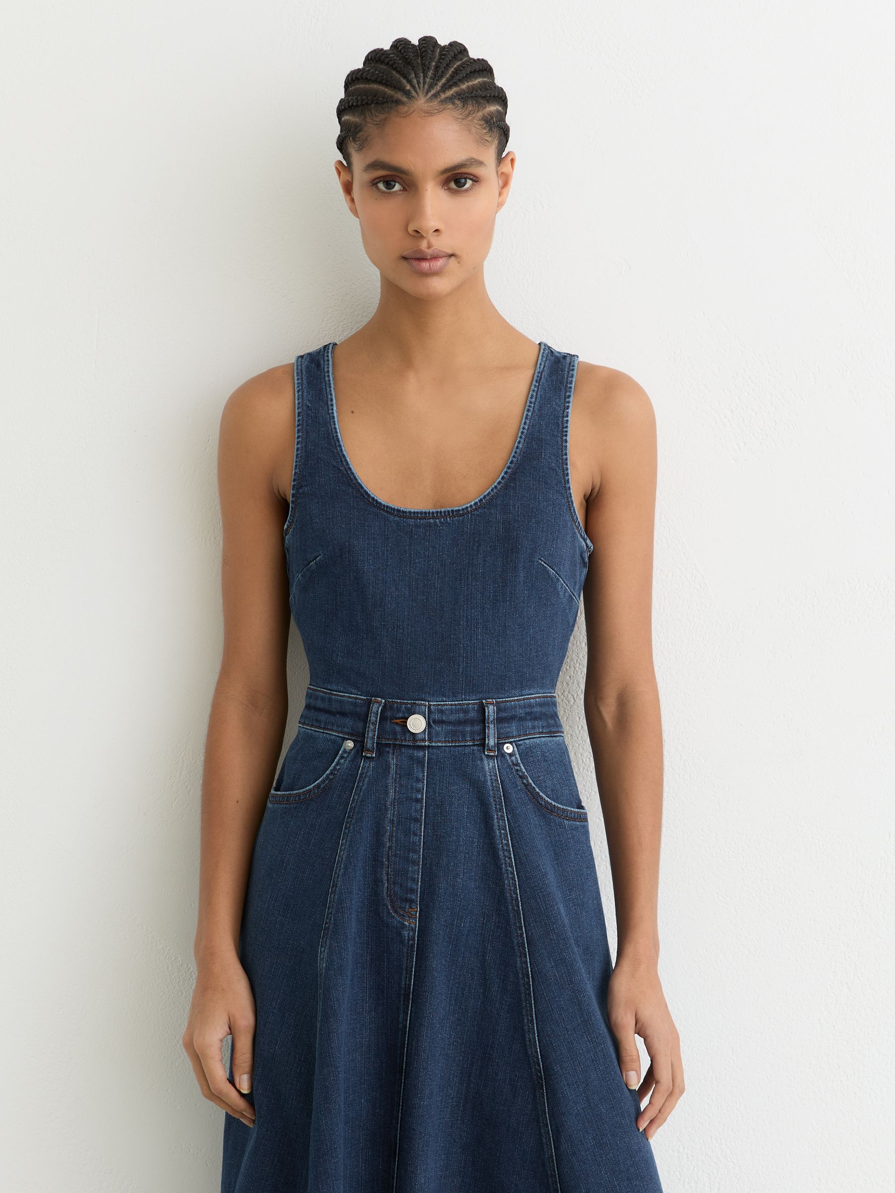 Denim Sleeveless Waisted Midi Dress in Indigo Blue - image 5