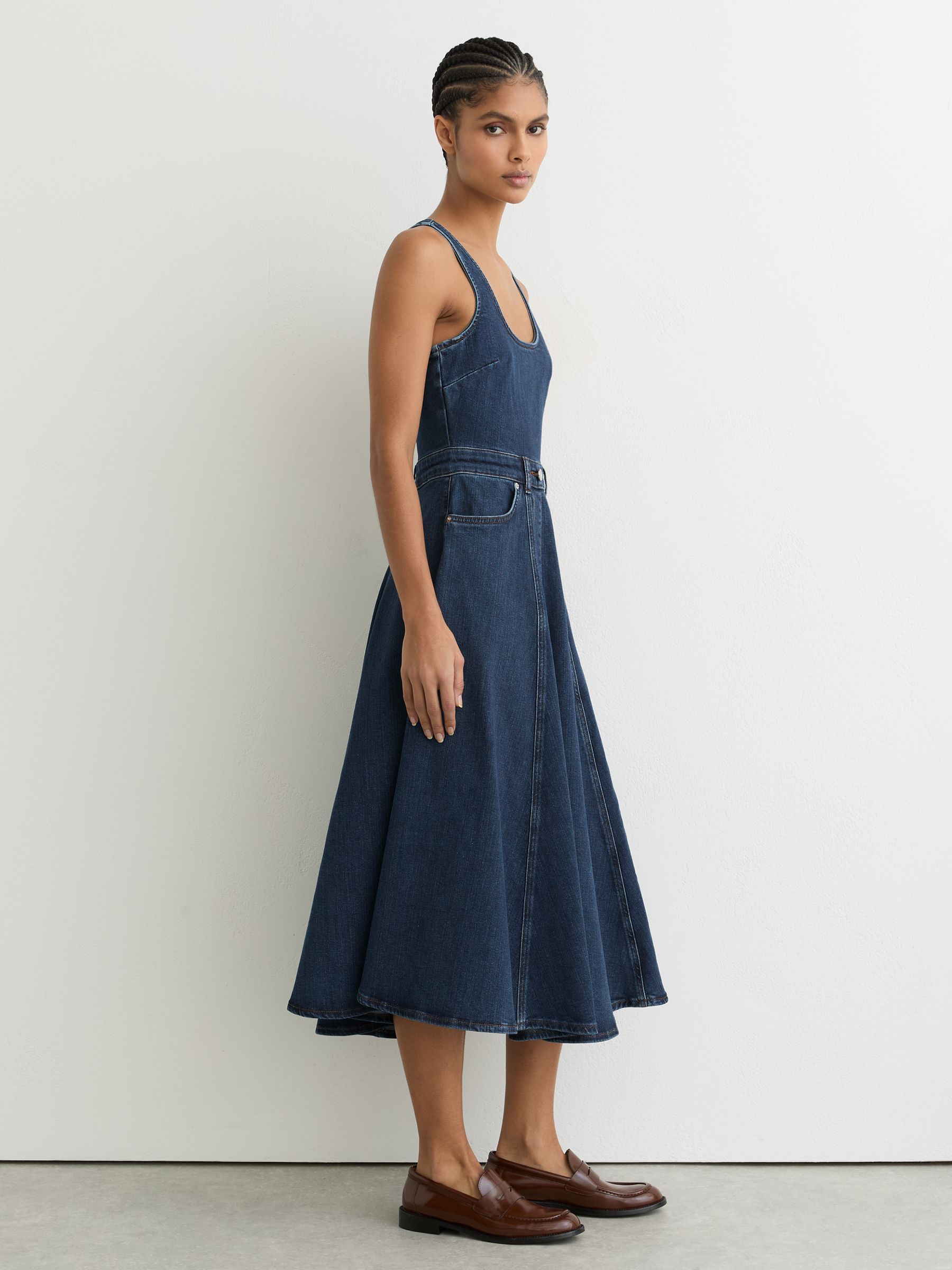 Denim Sleeveless Waisted Midi Dress in Indigo Blue - image 3