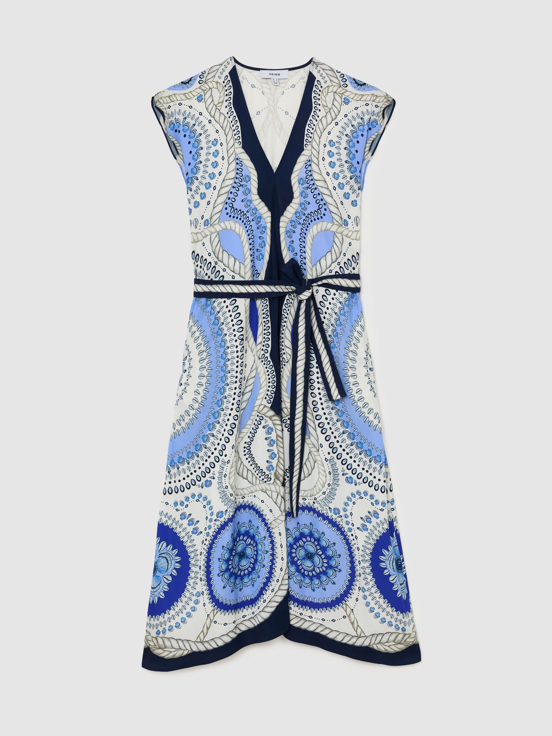 Scarf-Print Belted Midi Dress in Ivory/Blue