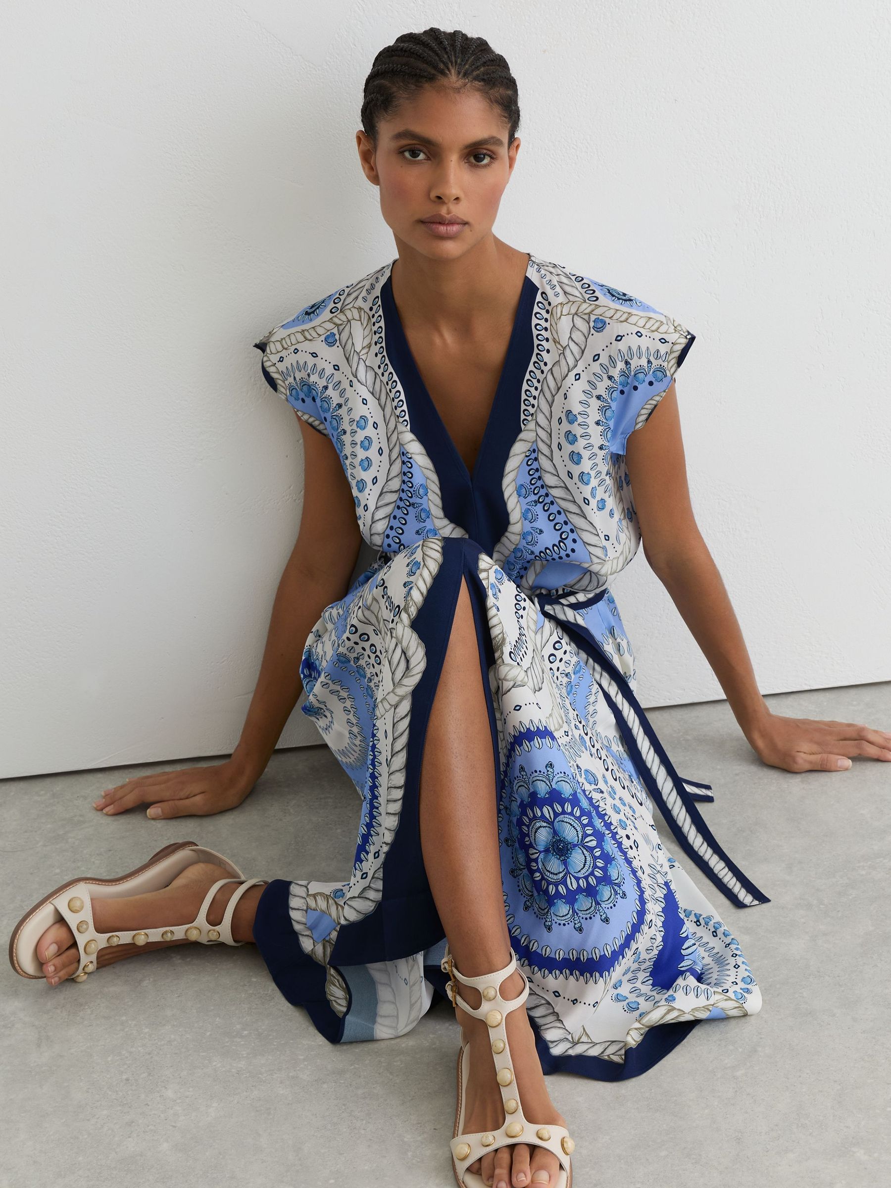Reiss - Ivory/blue Scarf-print Belted Midi Dress, 18 Reiss - Ivory/blue Scarf-print Belted Midi Dress, 18
