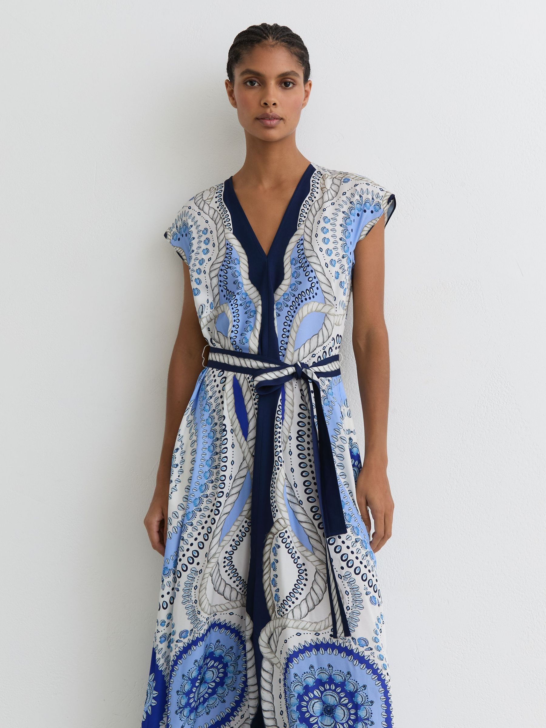 Scarf-Print Belted Midi Dress in Ivory/Blue - image 5
