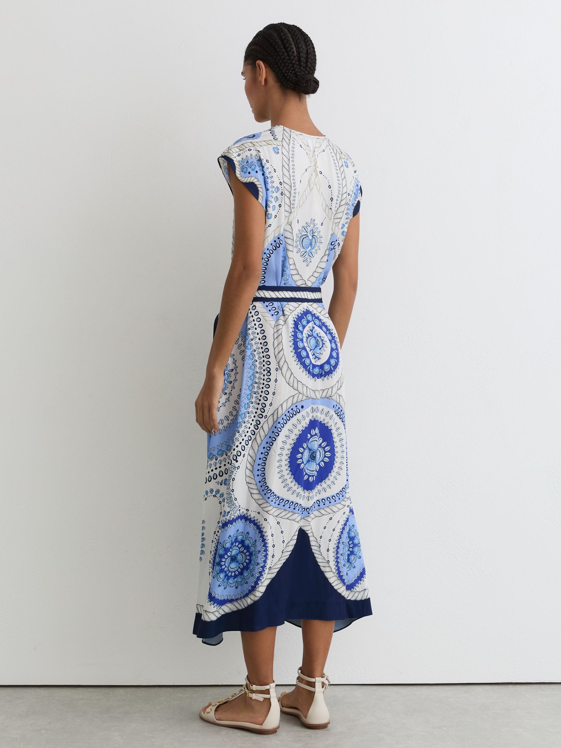 Scarf-Print Belted Midi Dress in Ivory/Blue - image 4