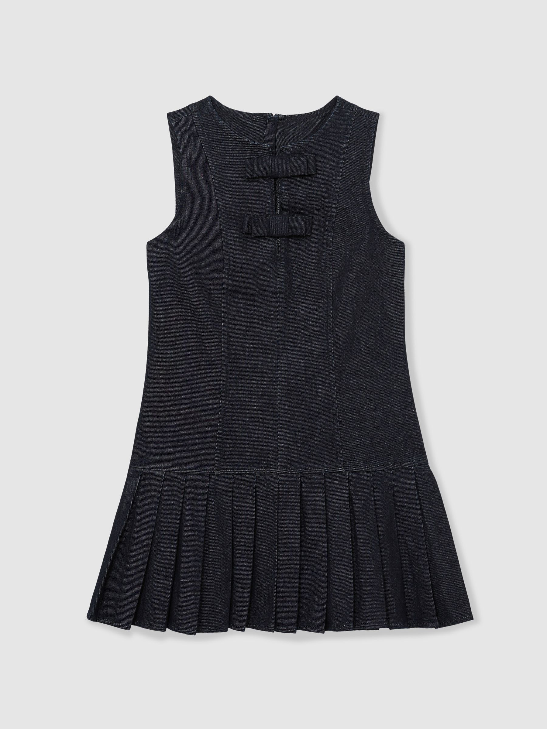 Sleeveless Pleated Denim Mini Dress in Indigo Blue