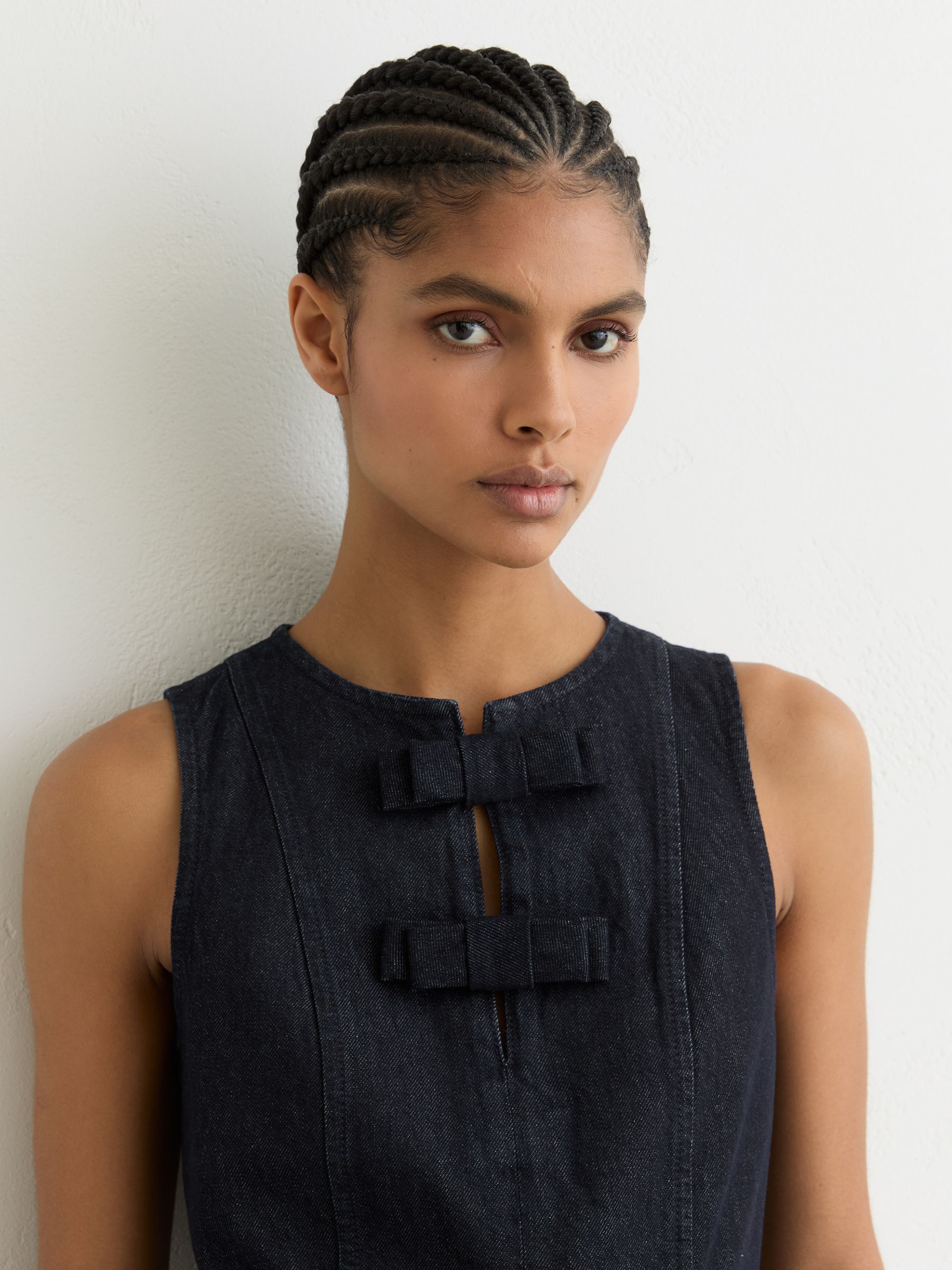 Sleeveless Pleated Denim Mini Dress in Indigo Blue - image 4