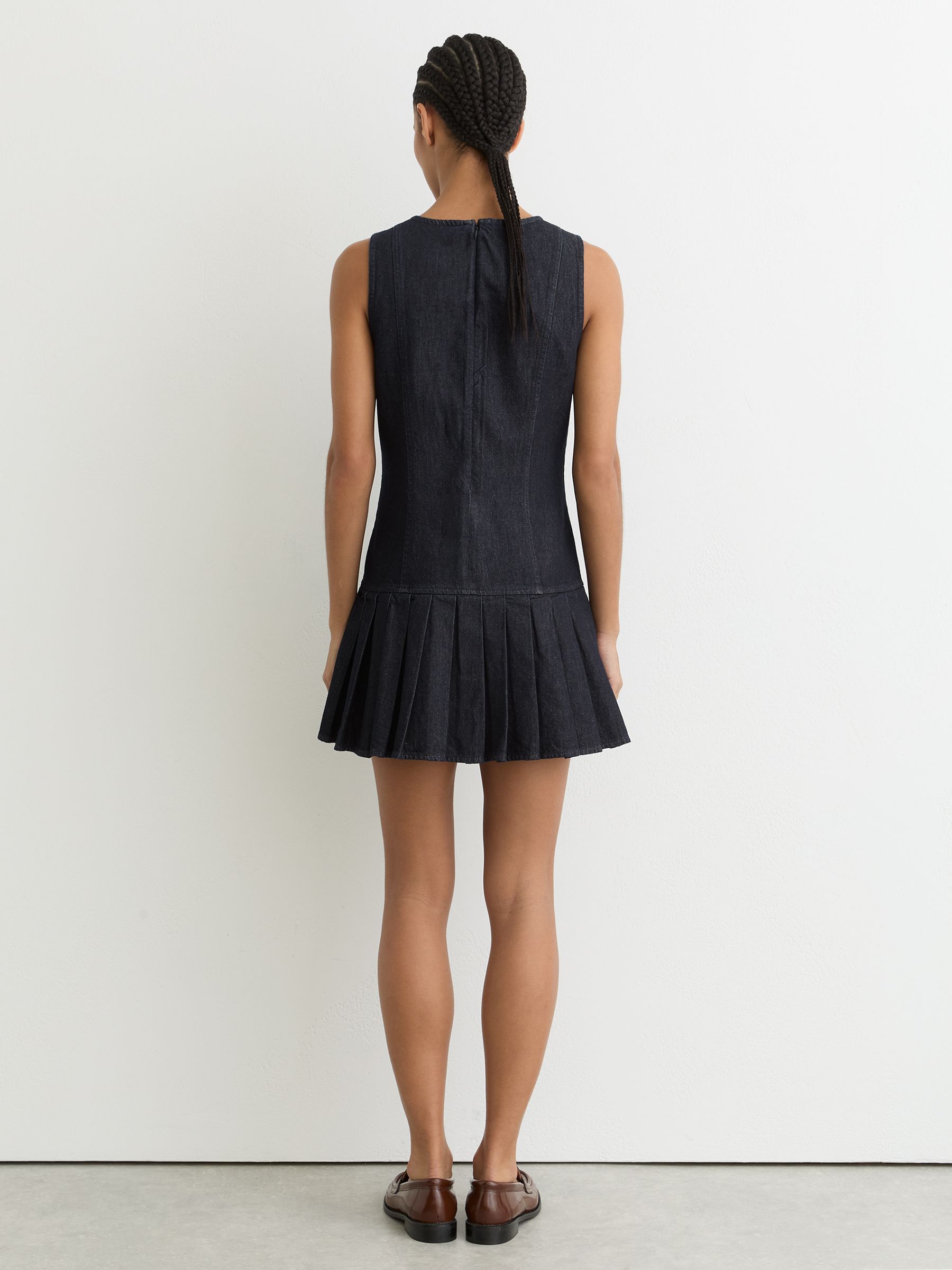 Sleeveless Pleated Denim Mini Dress in Indigo Blue - image 5