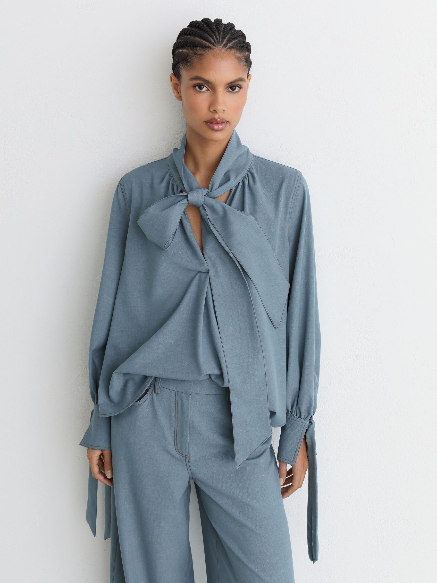 Denim-Look Tie-Neck Blouse in Light Blue - Image 1 of 7
