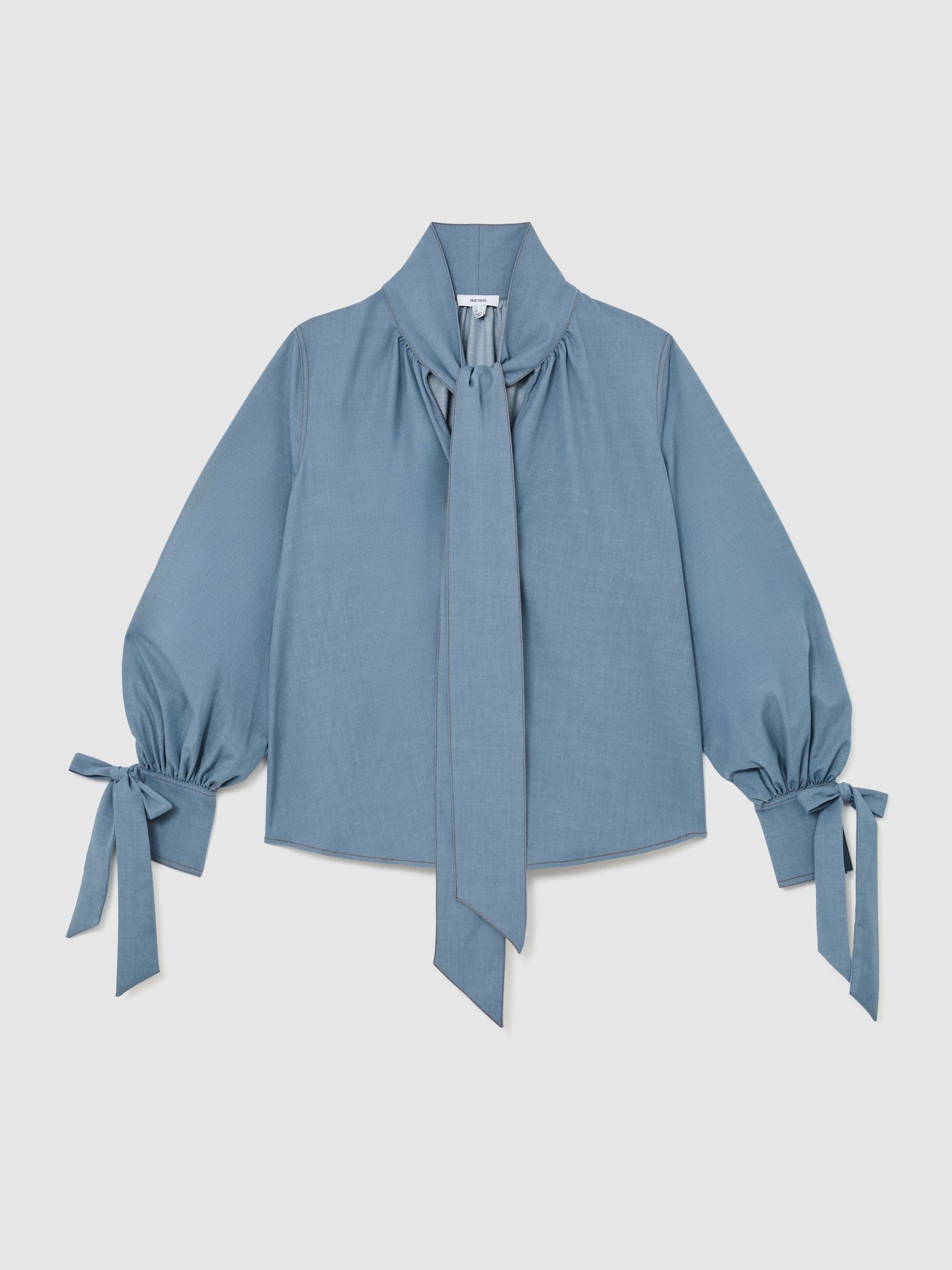 Denim-Look Tie-Neck Blouse in Light Blue - Image 2 of 7