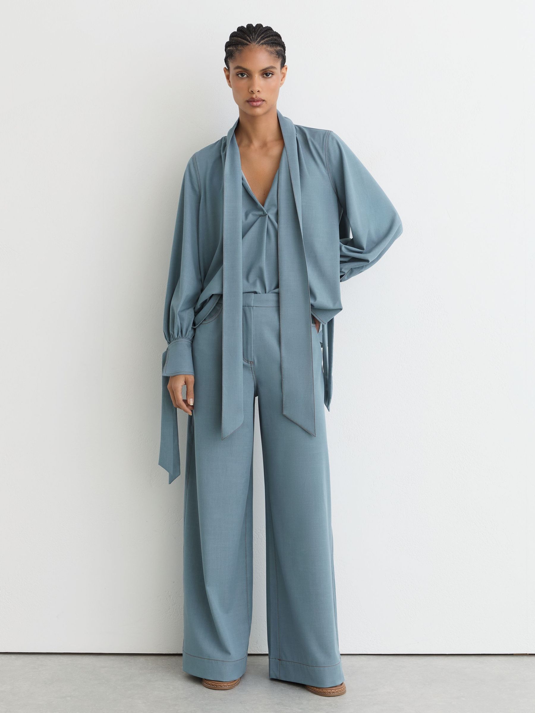 Denim-Look Tie-Neck Blouse in Light Blue - Image 3 of 7