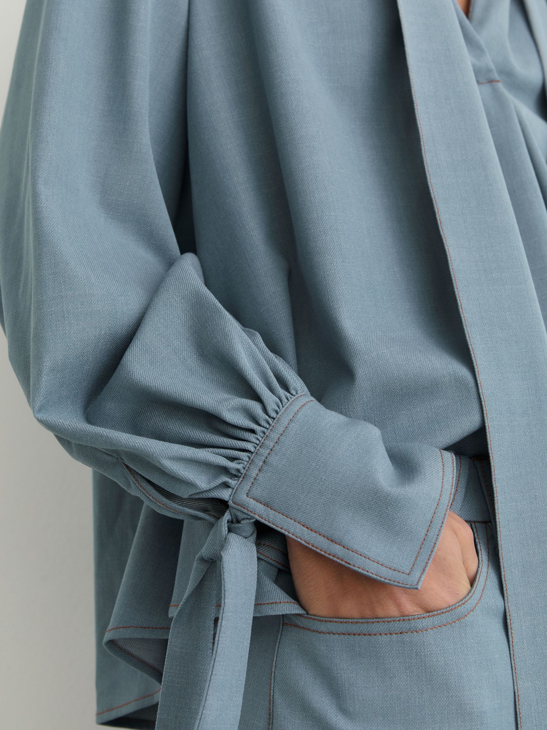 Denim-Look Tie-Neck Blouse in Light Blue - Image 4 of 7