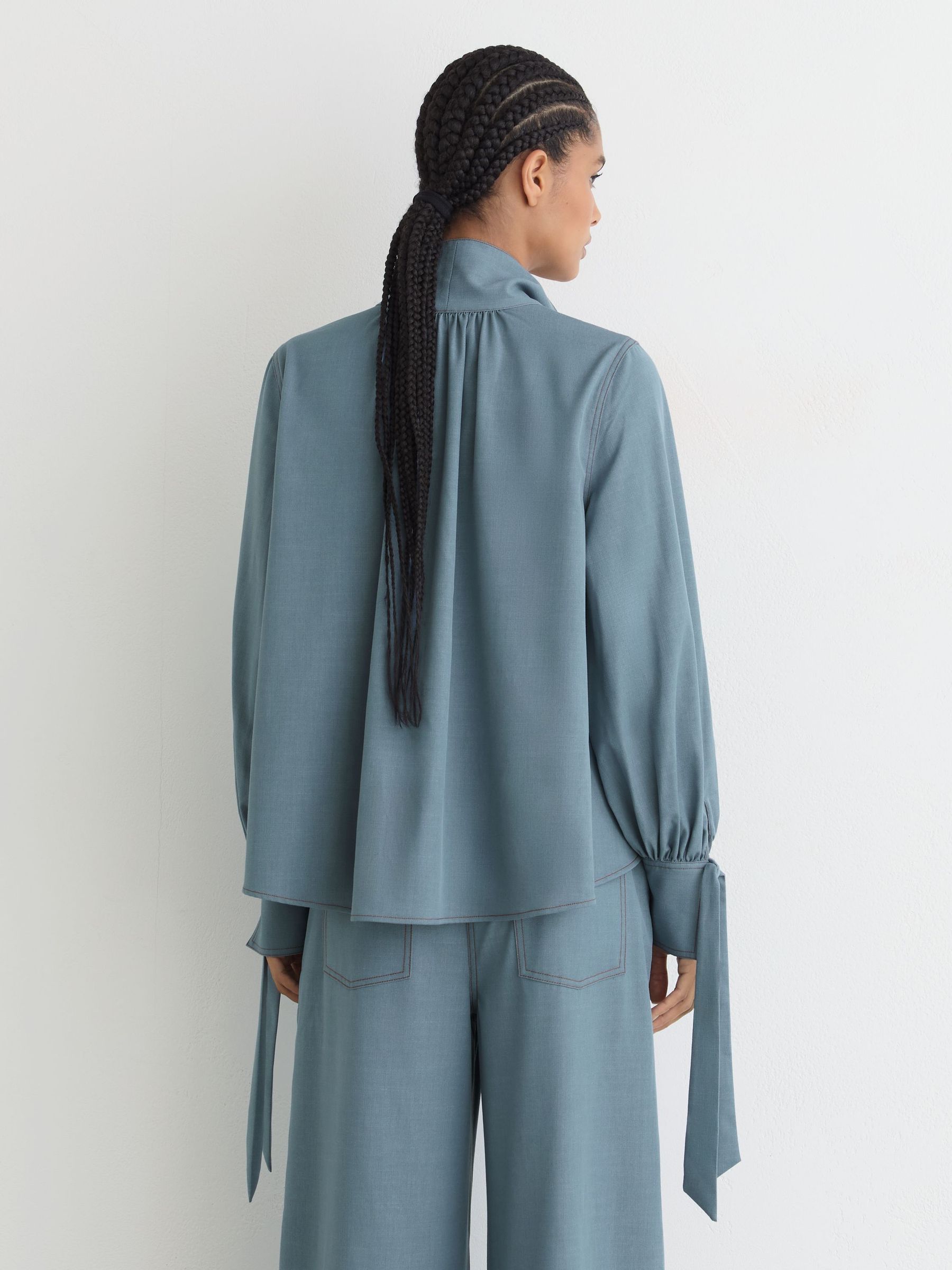 Denim-Look Tie-Neck Blouse in Light Blue - image 5