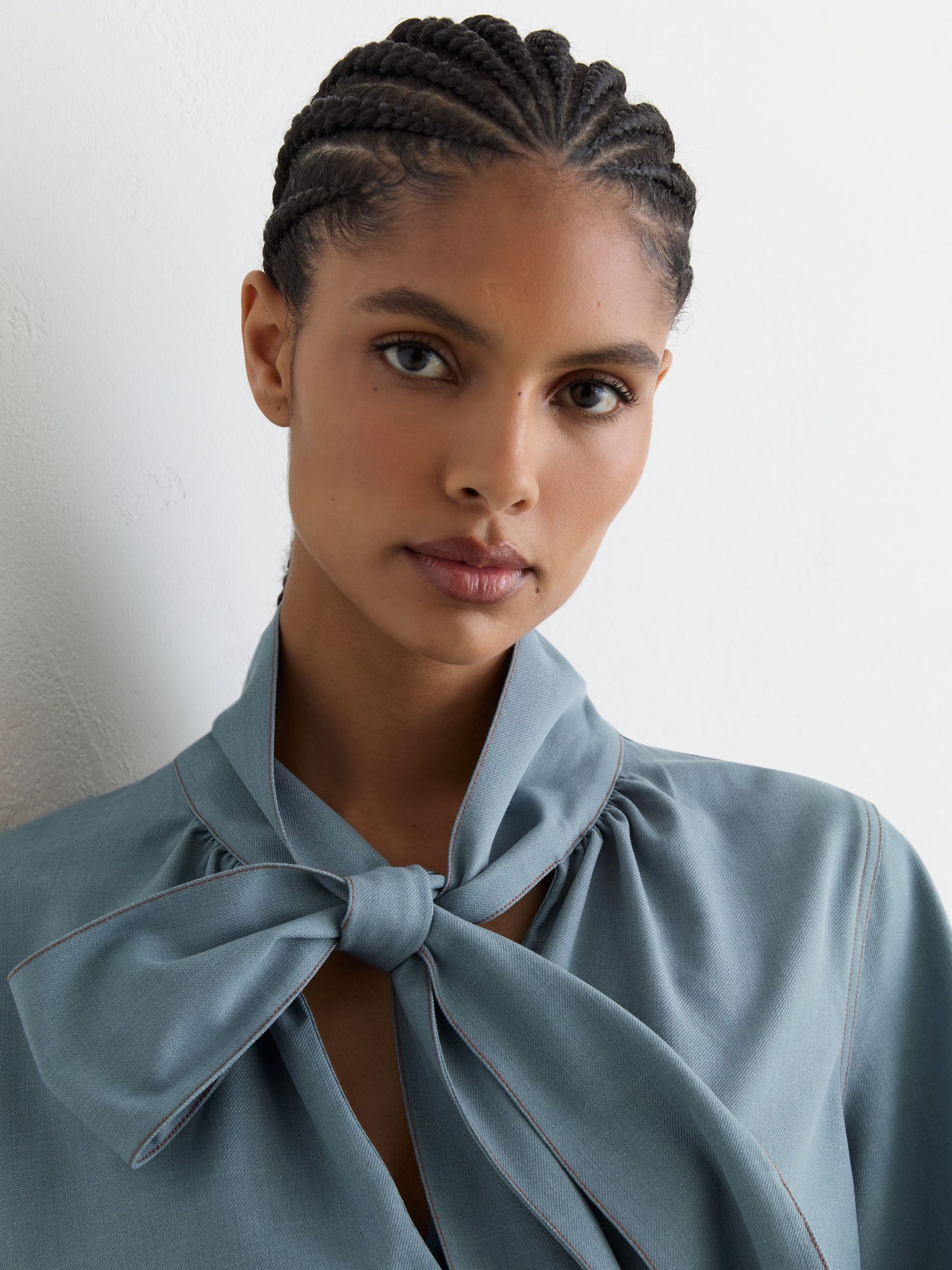 Denim-Look Tie-Neck Blouse in Light Blue - image 4