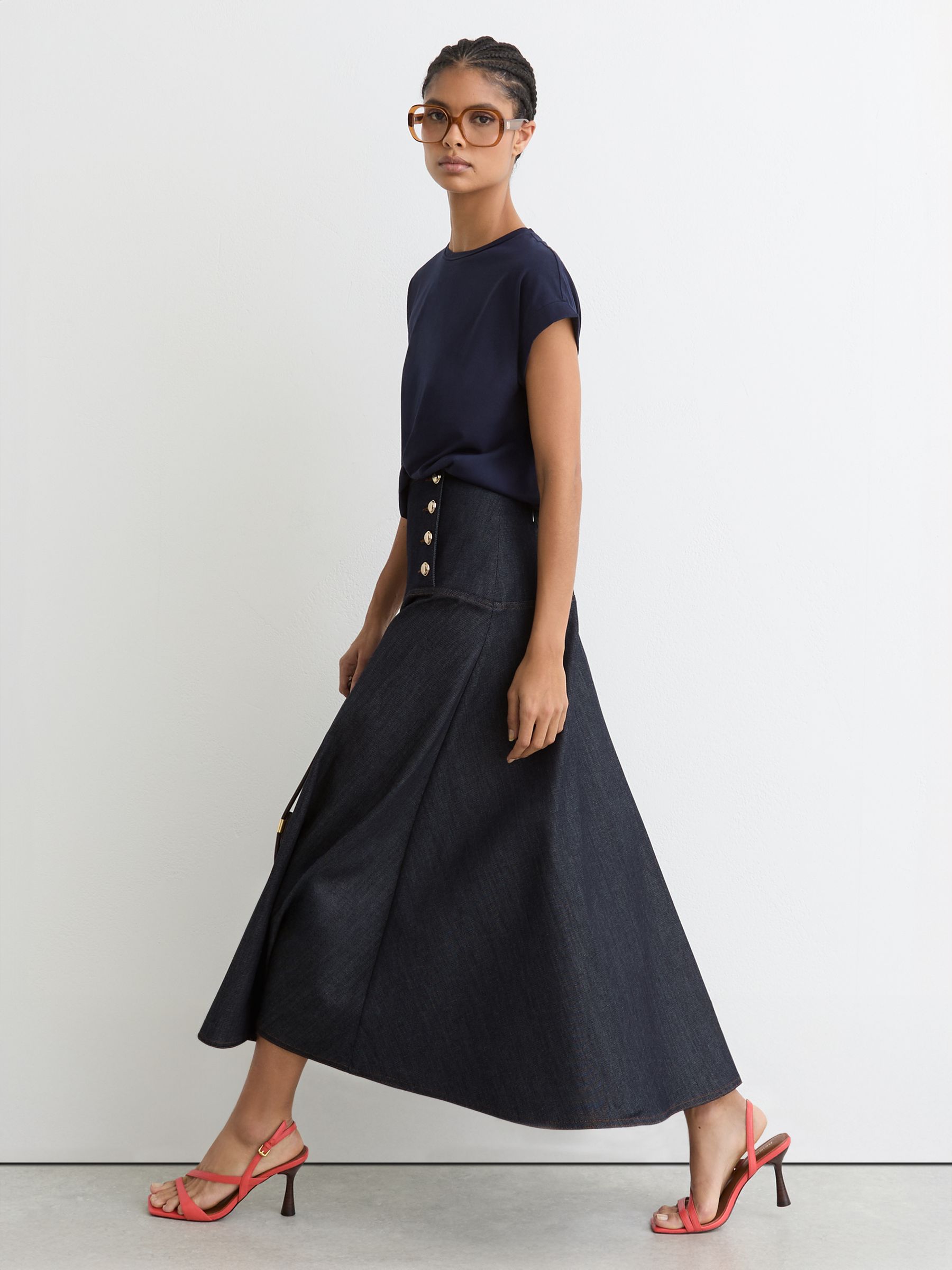 Button-Detail Denim Midi Skirt in Dark Blue - Image 1 of 7