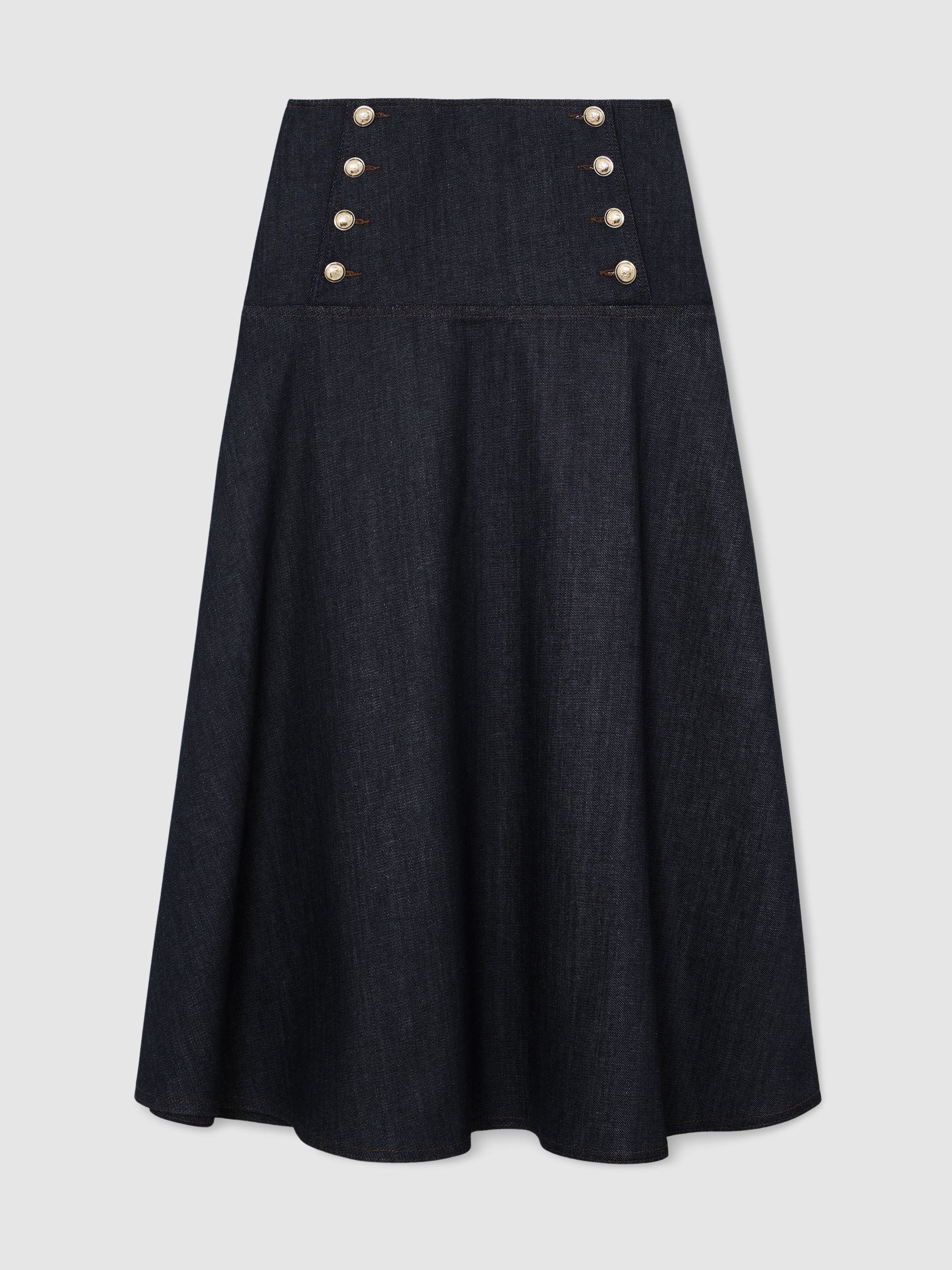 Button-Detail Denim Midi Skirt in Dark Blue