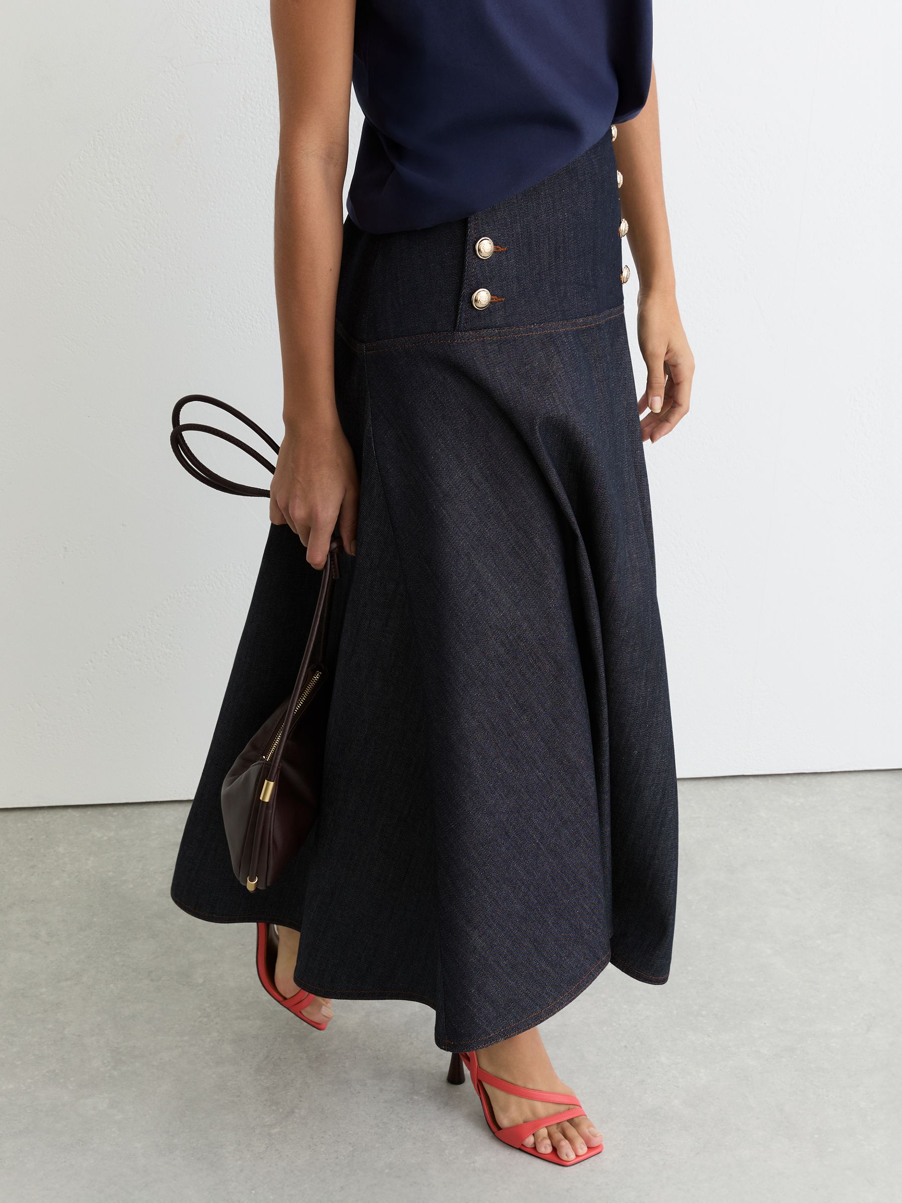 Button-Detail Denim Midi Skirt in Dark Blue - Image 3 of 7