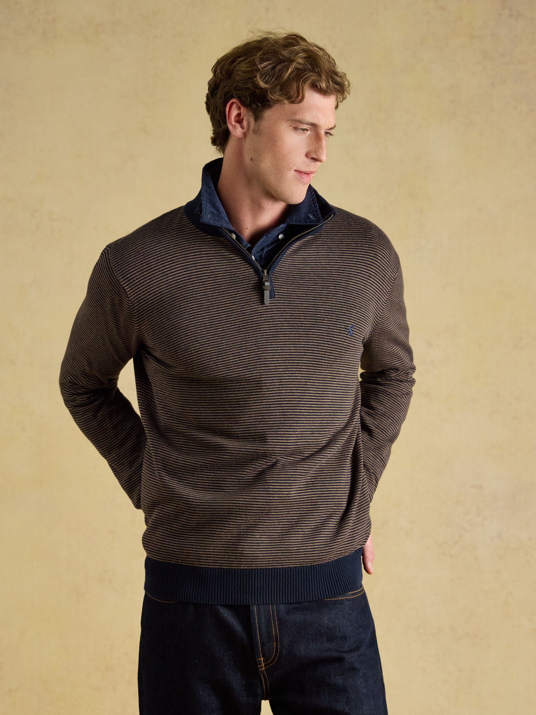 Hillside Navy & Brown Striped Quarter Zip Knitted Jumper - Image 1 of 7