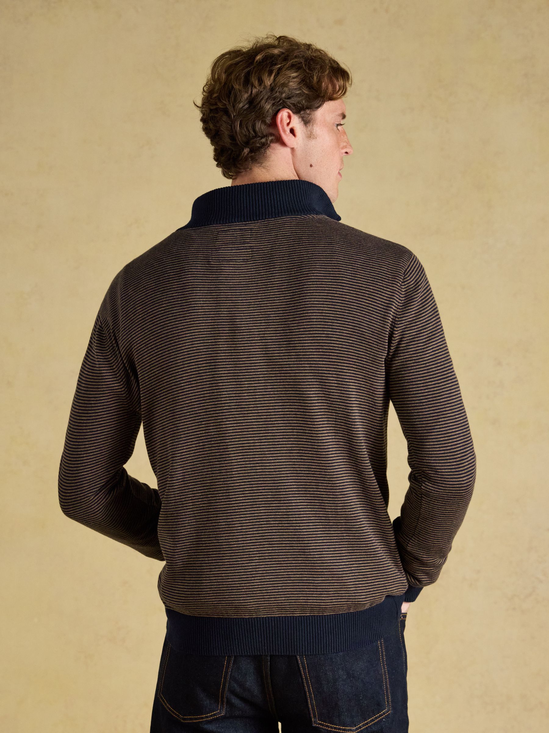 Hillside Navy & Brown Striped Quarter Zip Knitted Jumper - Image 2 of 7