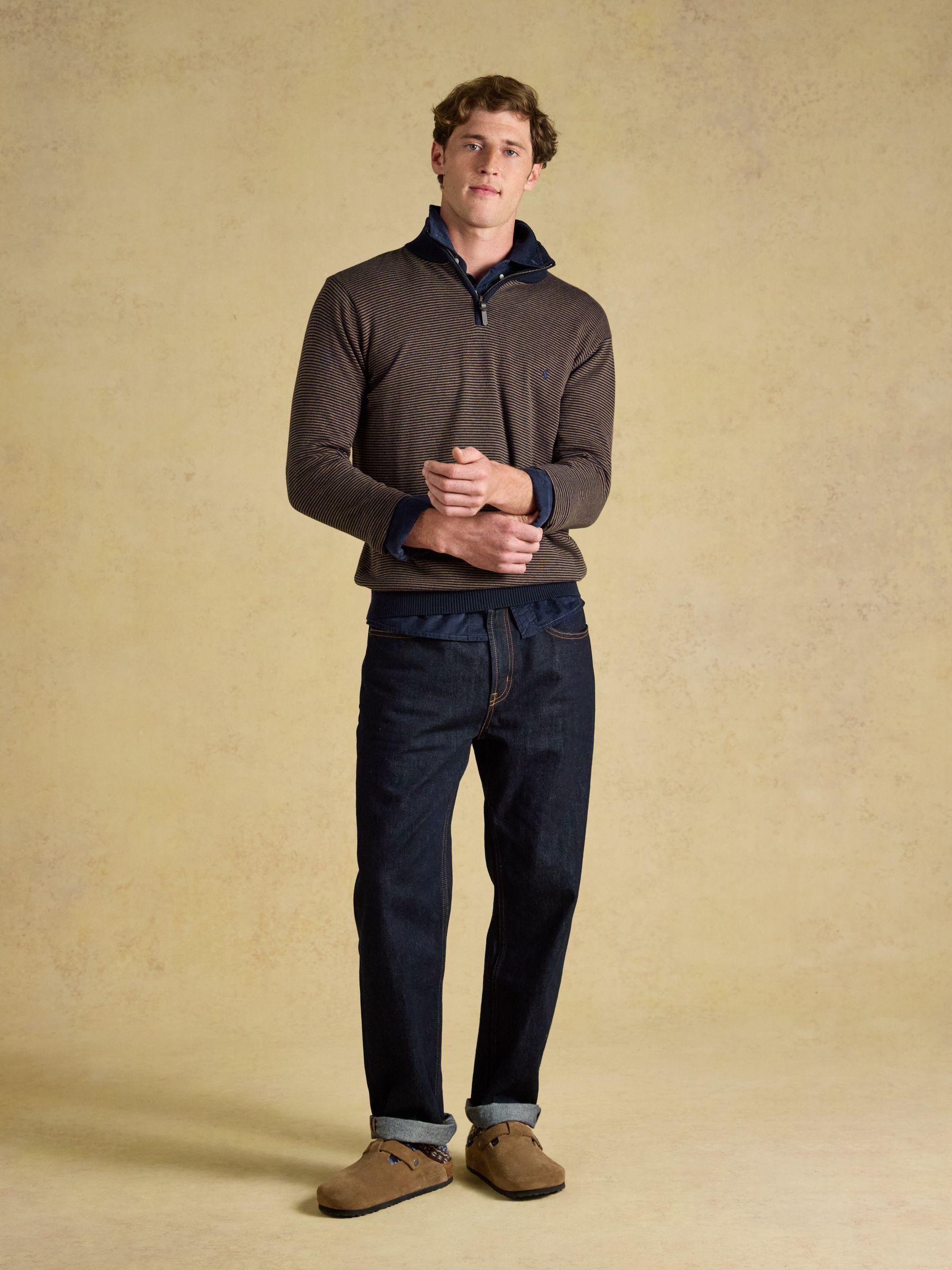 Hillside Navy & Brown Striped Quarter Zip Knitted Jumper - Image 3 of 7