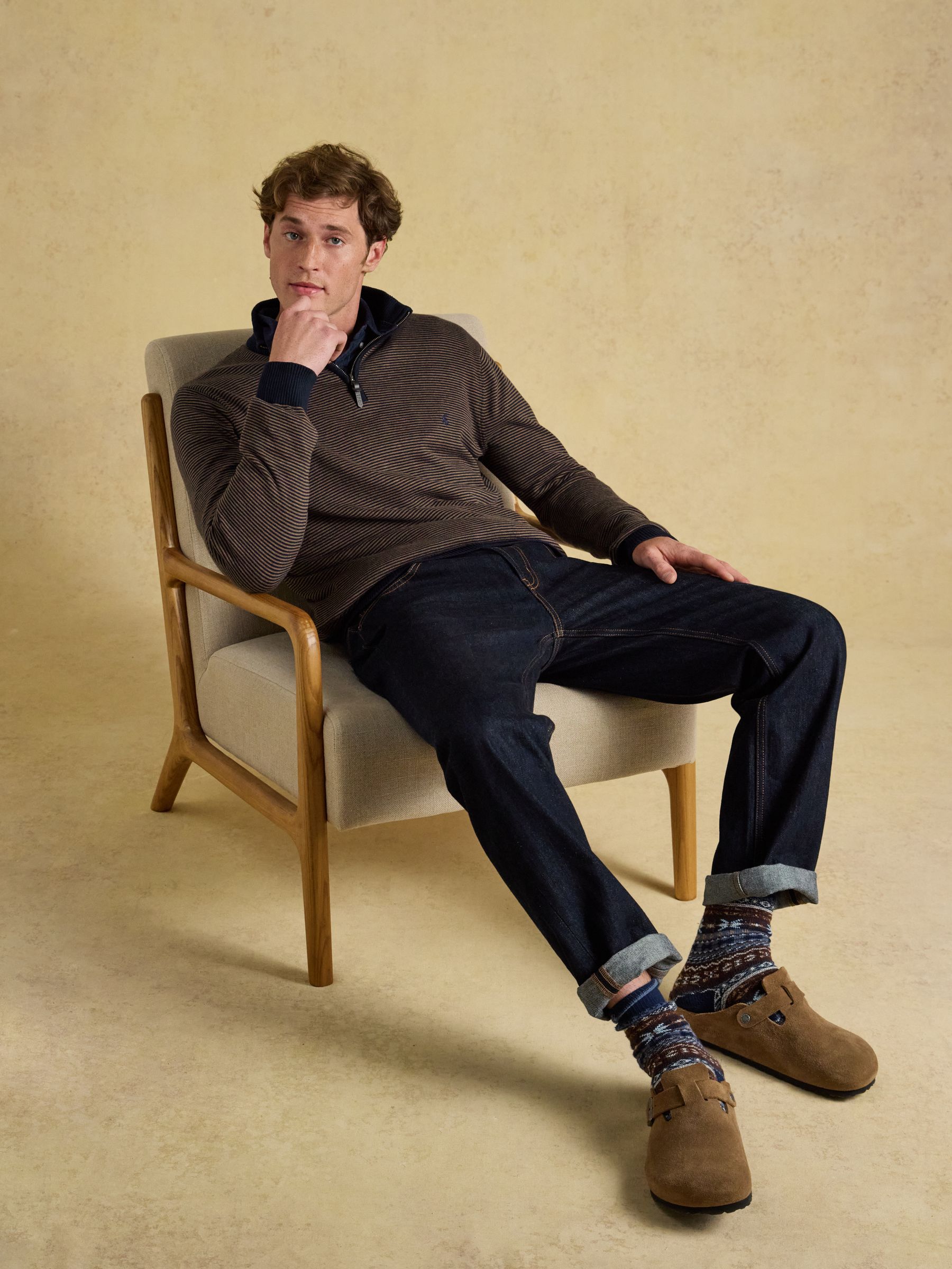 Hillside Navy & Brown Striped Quarter Zip Knitted Jumper - Image 6 of 7