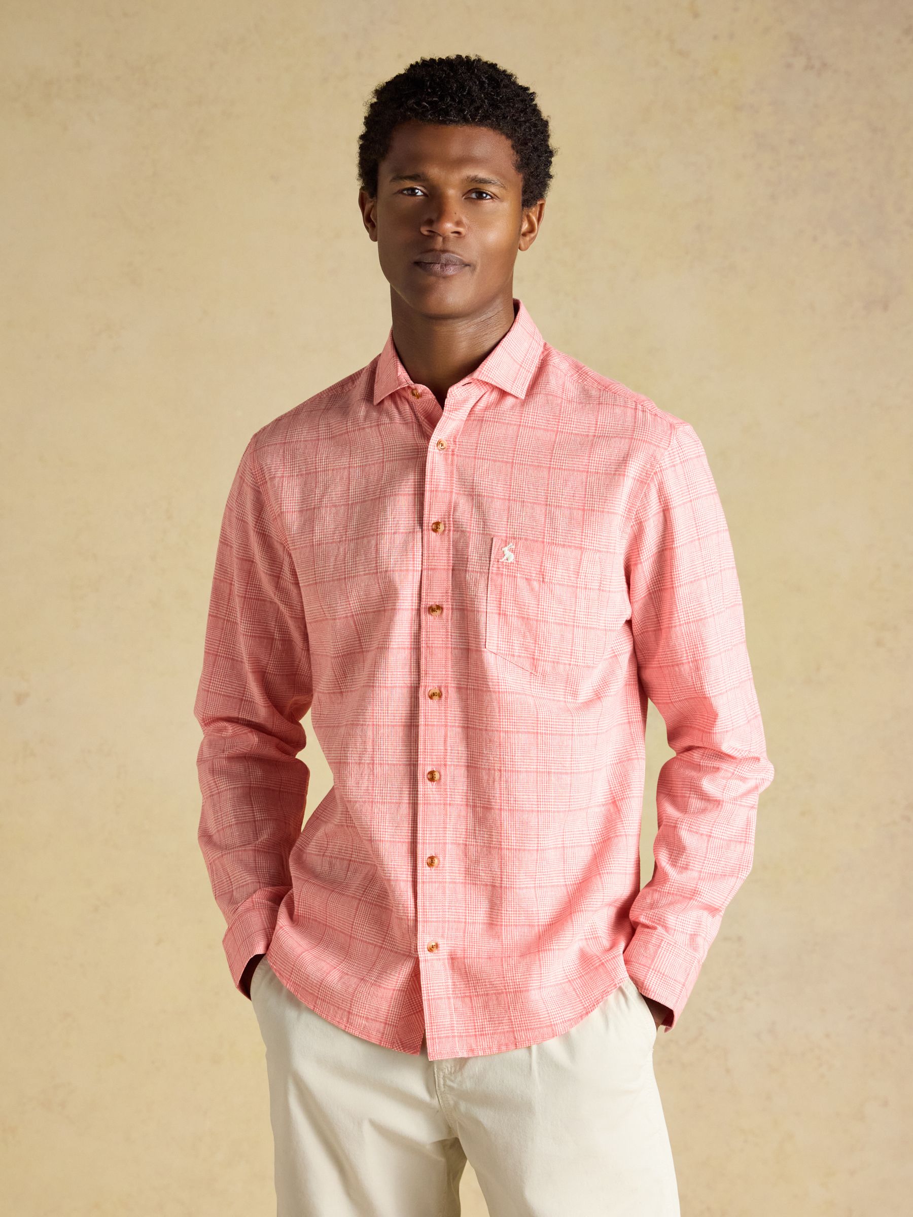 Coral Pink Check Linen Blend Long Sleeve Shirt - Image 1 of 9