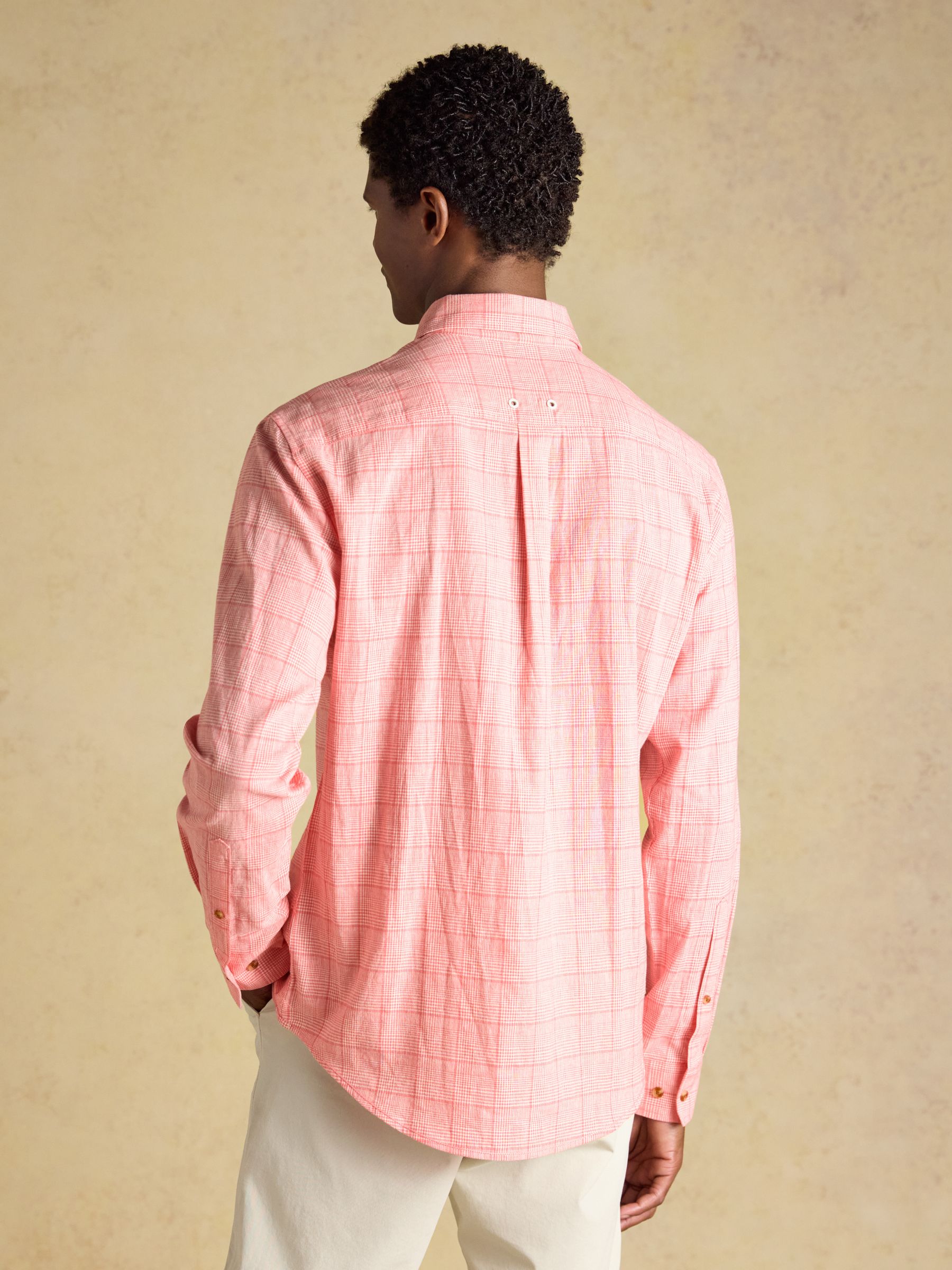 Coral Pink Check Linen Blend Long Sleeve Shirt - Image 3 of 9