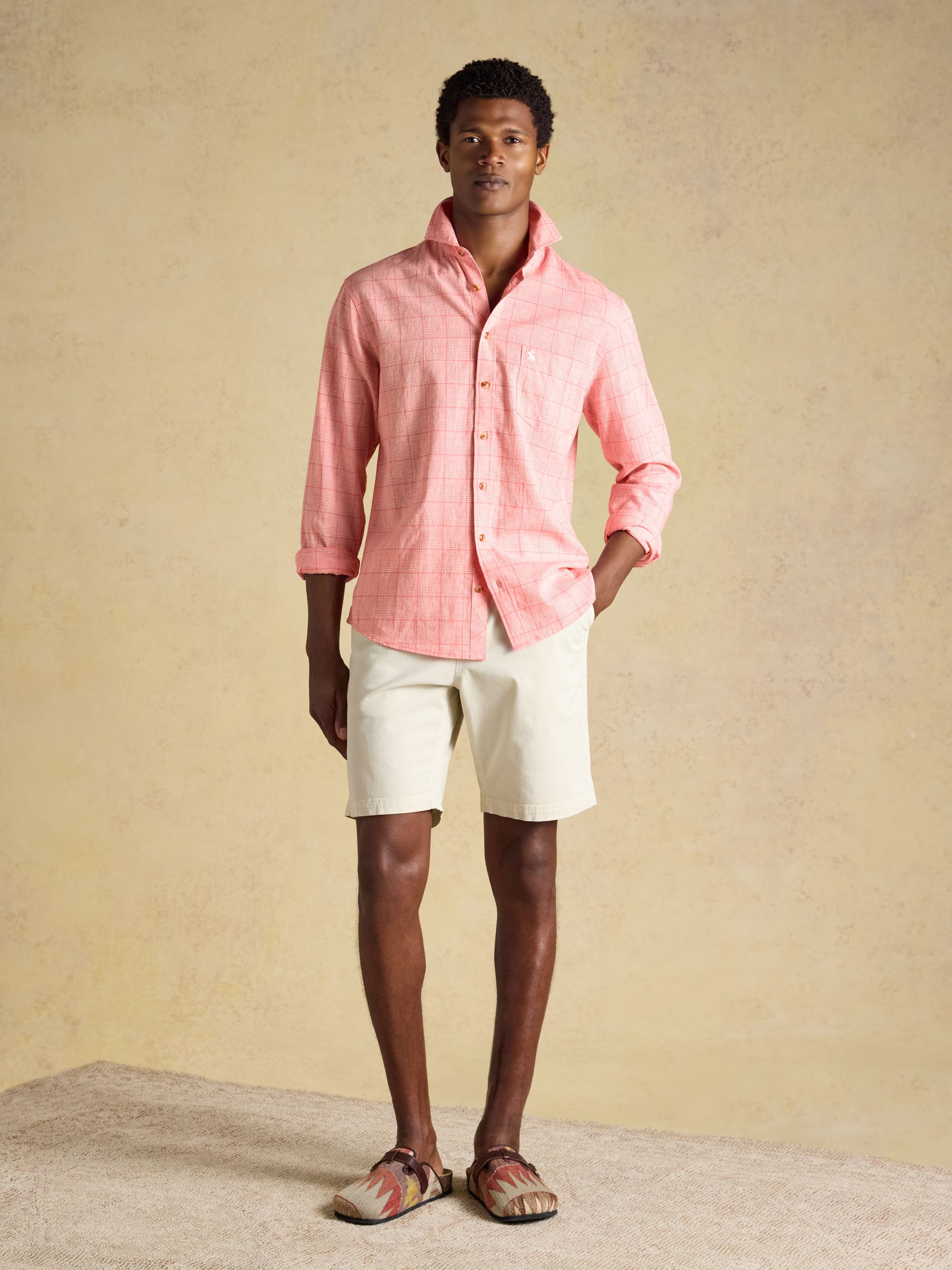 Coral Pink Check Linen Blend Long Sleeve Shirt - Image 5 of 9