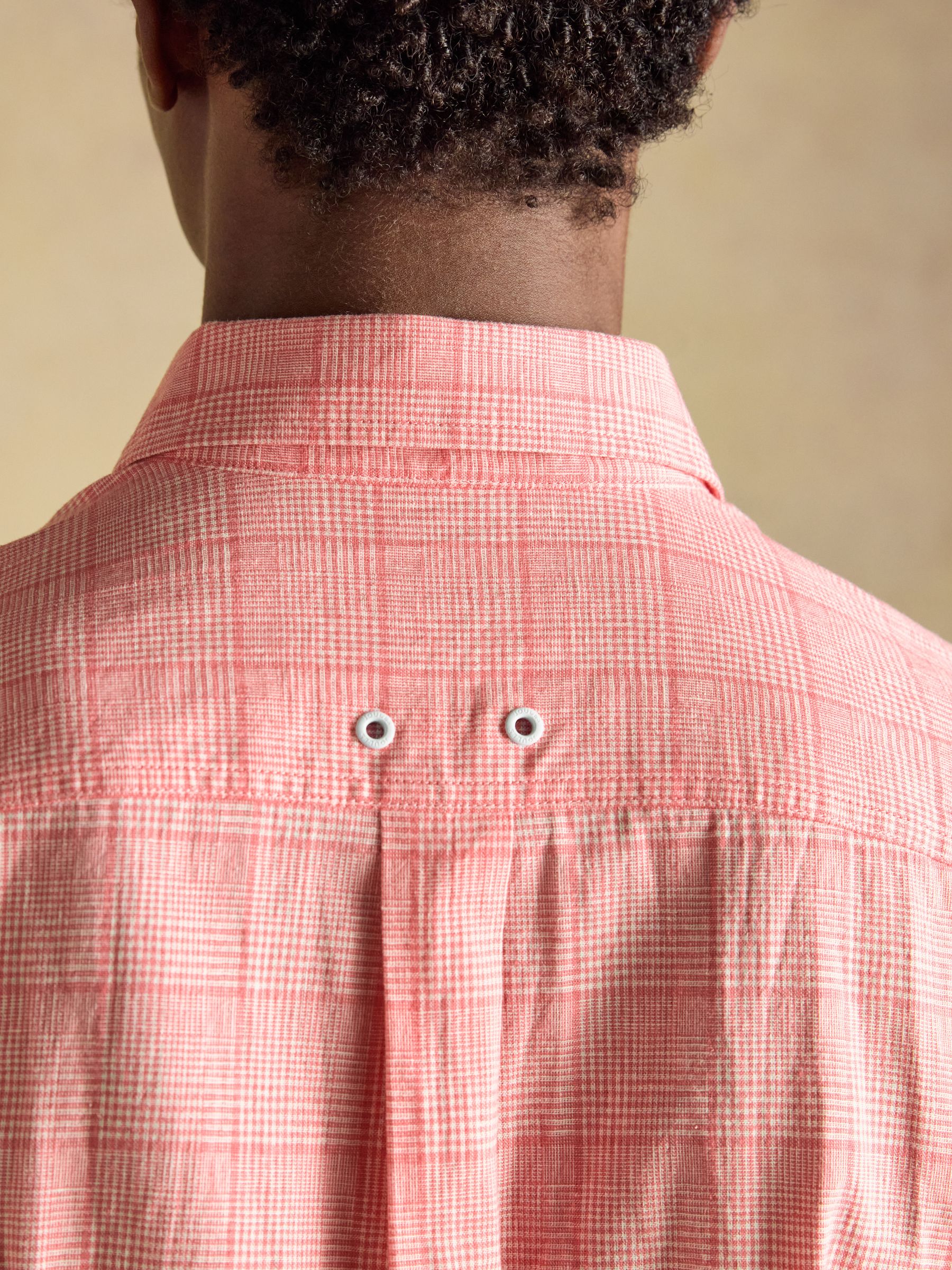 Coral Pink Check Linen Blend Long Sleeve Shirt - Image 8 of 9