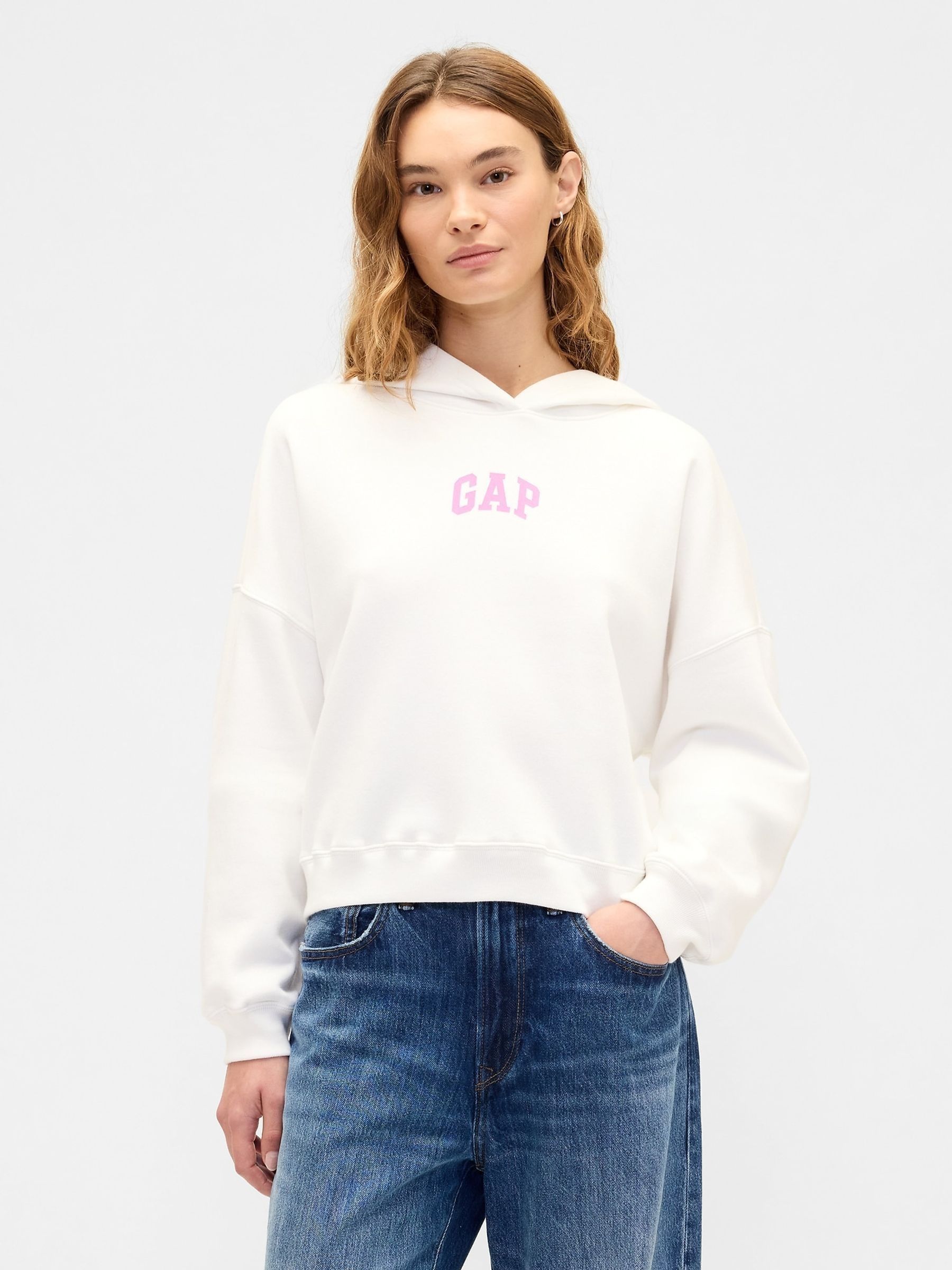 White Relaxed Mini-Logo Cropped Hoodie - Image 1 of 5