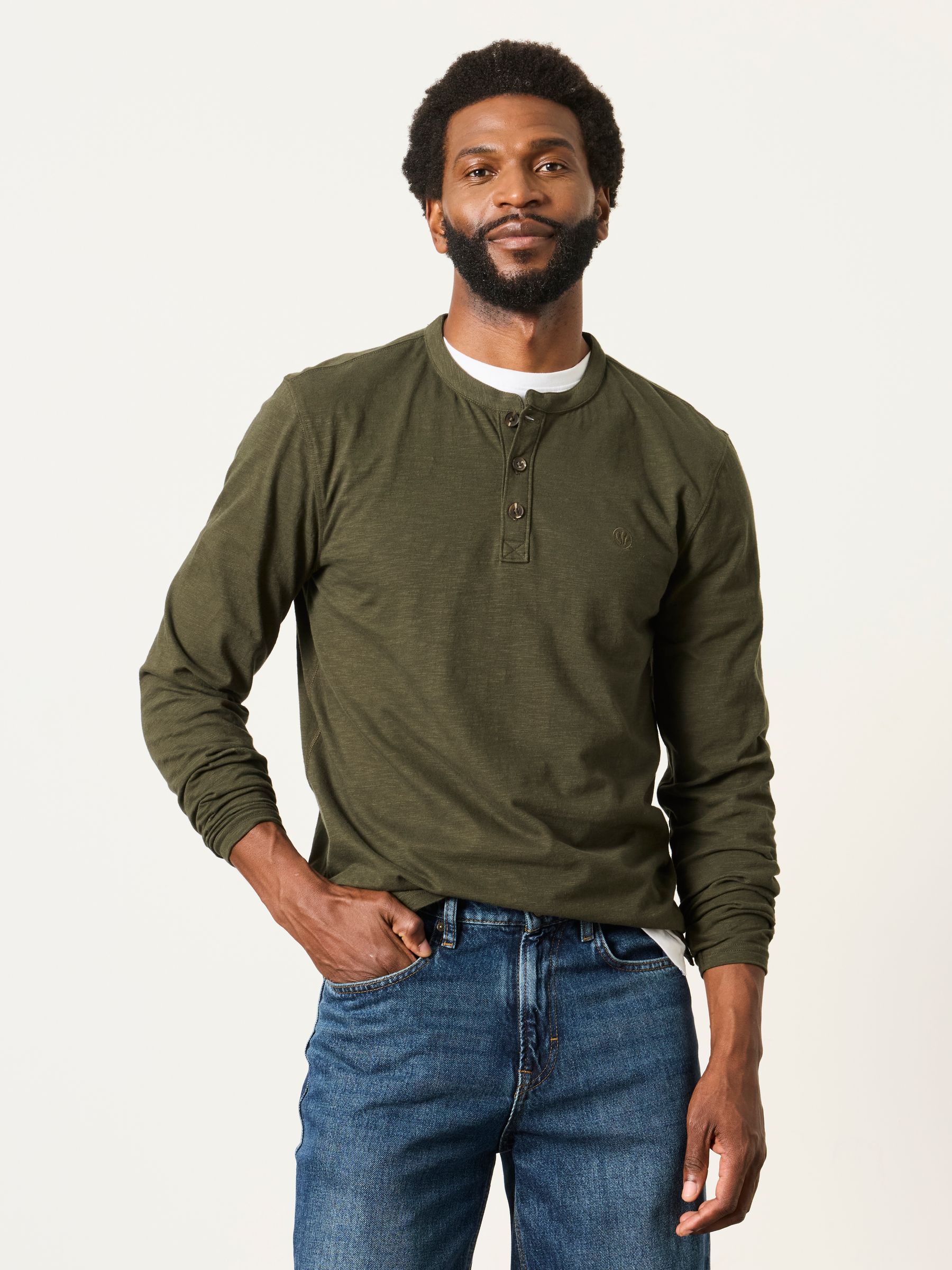 Henley Khaki Green Long Sleeve Woodside T-Shirt - Image 1 of 6