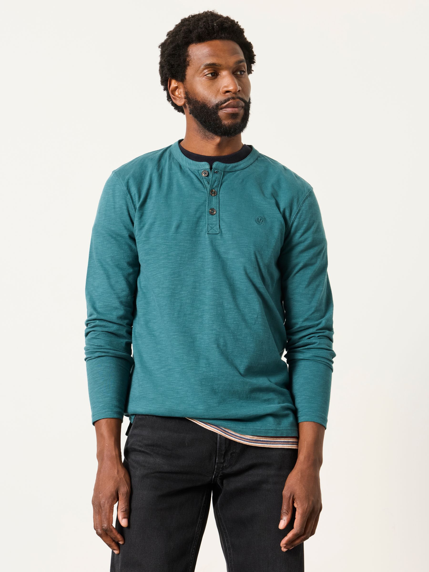 Henley Dark Teal Blue Long Sleeve Woodside T-Shirt - Image 1 of 6