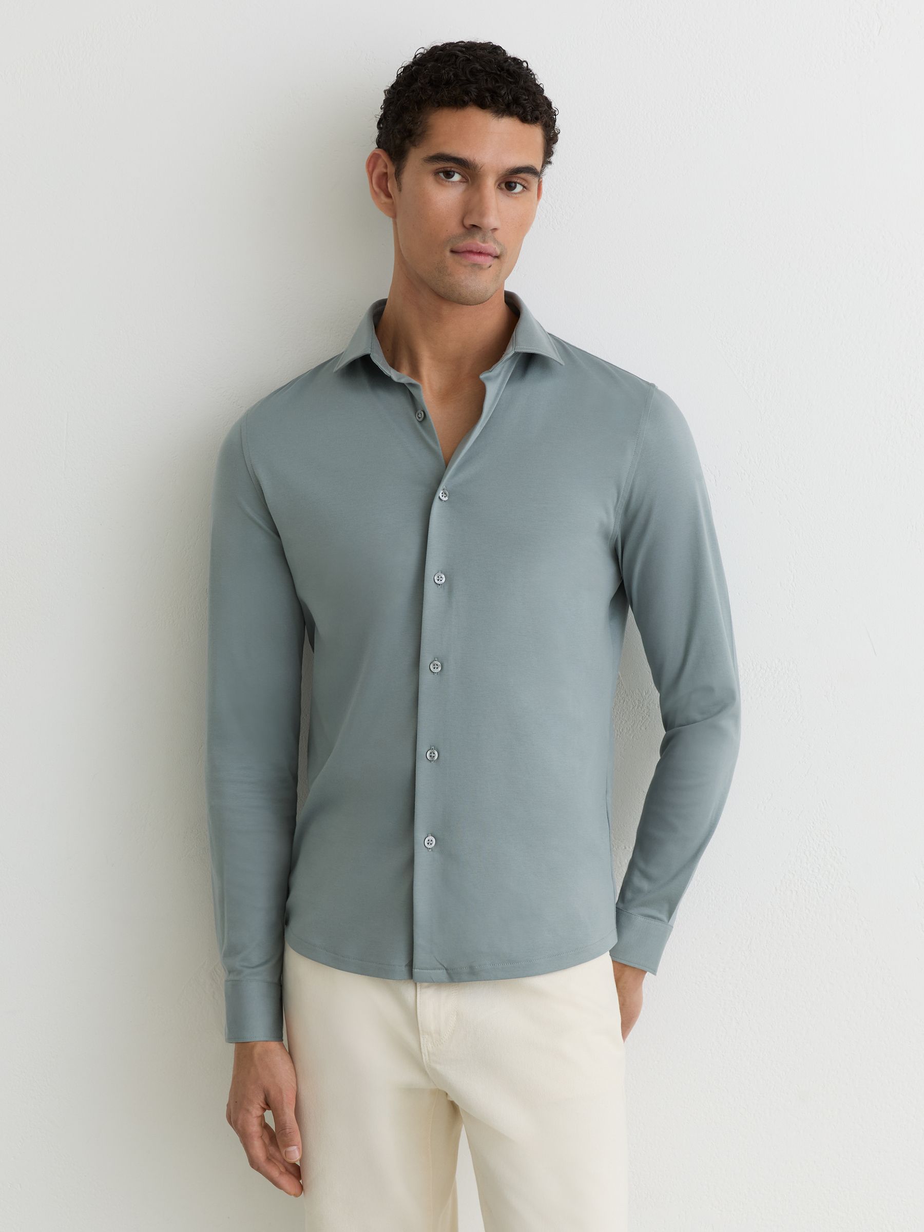 Air-Water Cotton Slim-Fit Shirt in Steel Blue - Image 1 of 6 Air-Water Cotton Slim-Fit Shirt in Steel Blue - Image 1 of 6