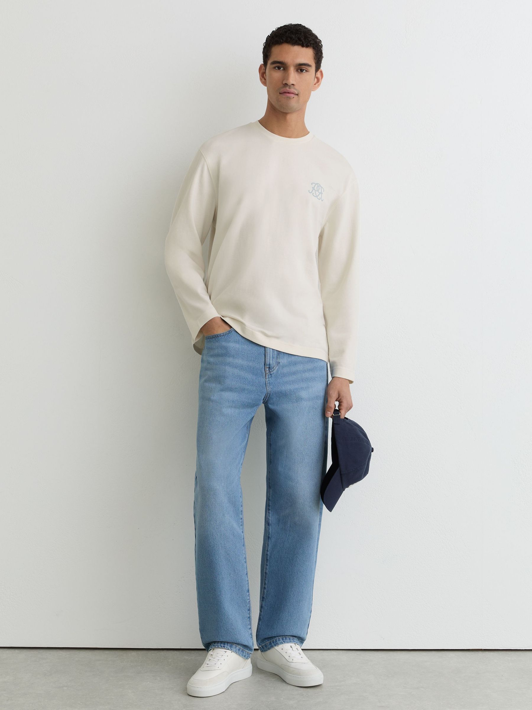 Monogram Butter-Print Long-Sleeve Relaxed T-Shirt in White - Image 1 of 5