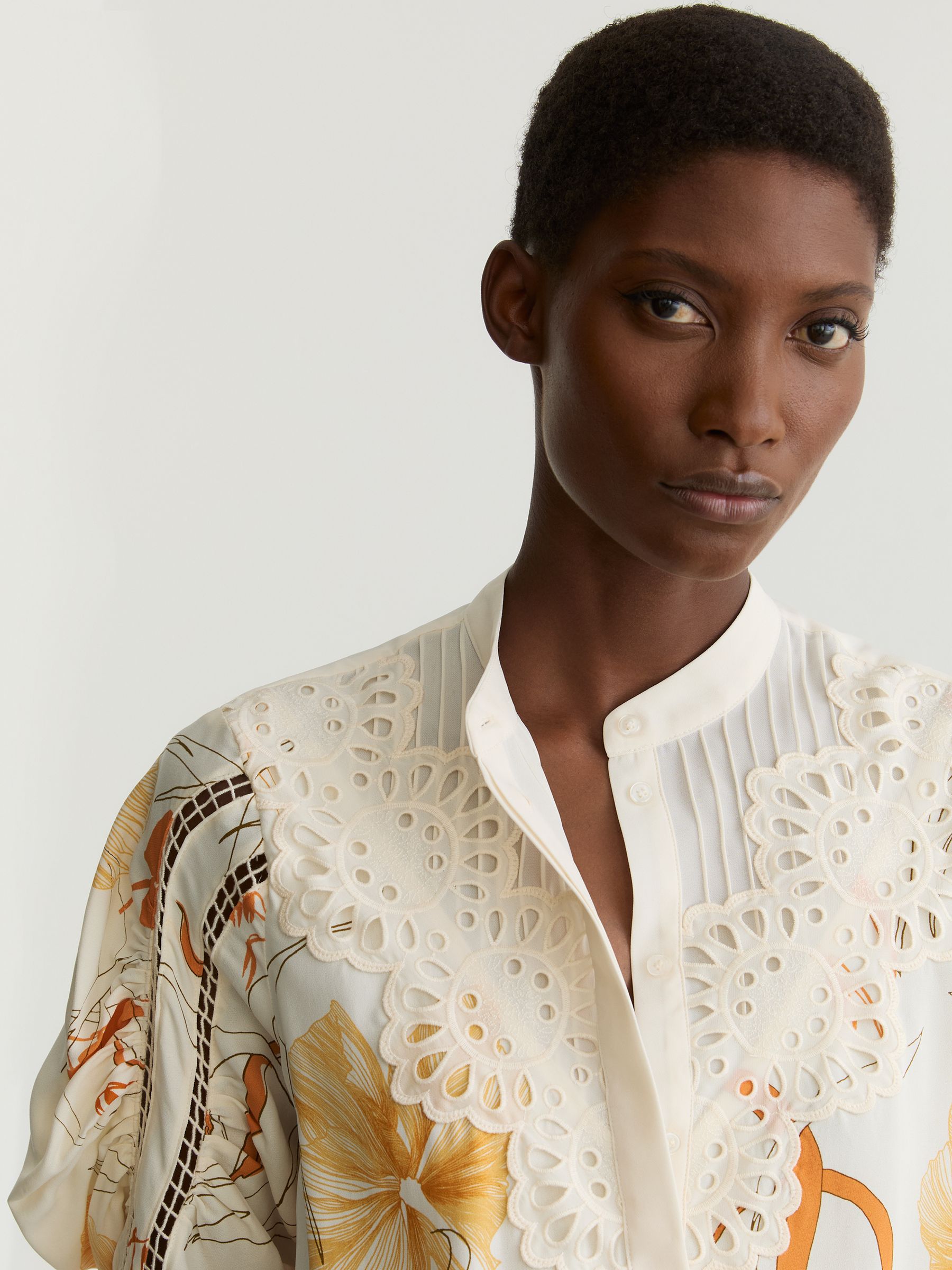 Reiss Floral-Print Lace-Trim Blouse in Ivory/Pink | REISS