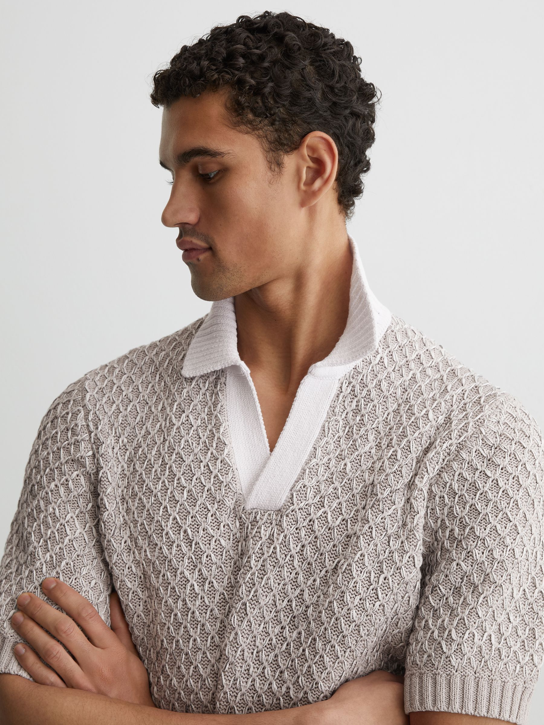 Stitch-Detail Open-Collar Knit Polo Shirt in Soft Grey - image 2