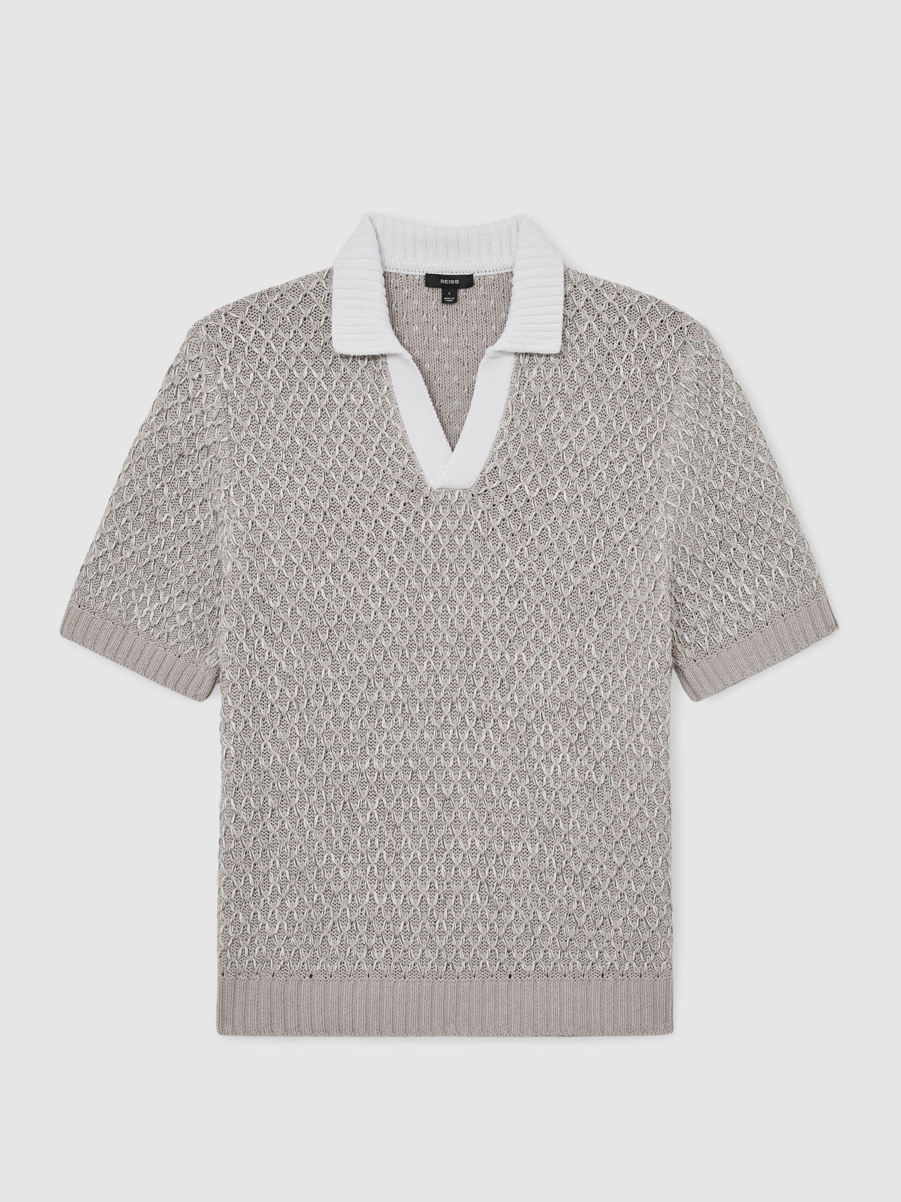 Stitch-Detail Open-Collar Knit Polo Shirt in Soft Grey - image 1