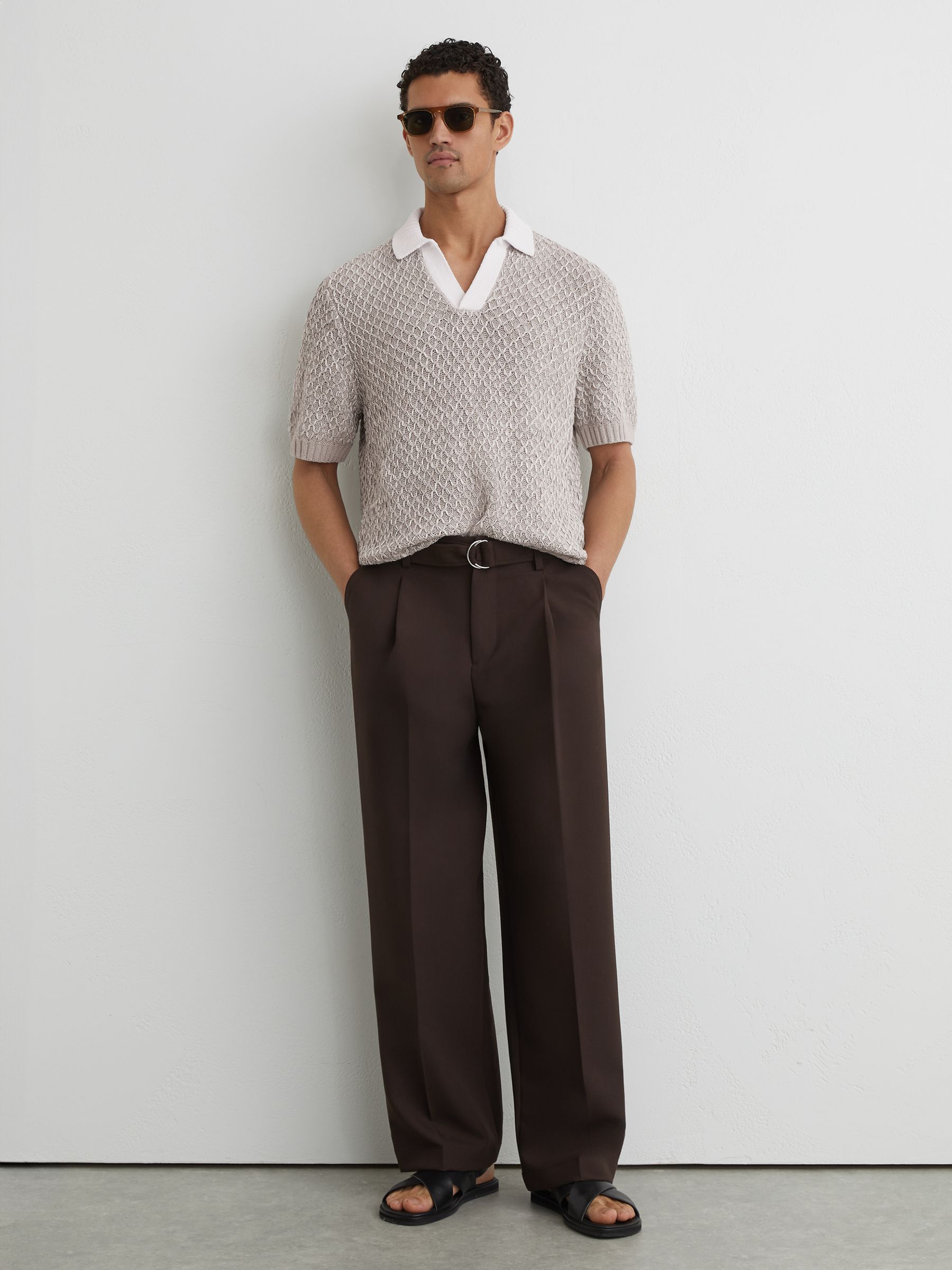 Stitch-Detail Open-Collar Knit Polo Shirt in Soft Grey - image 5