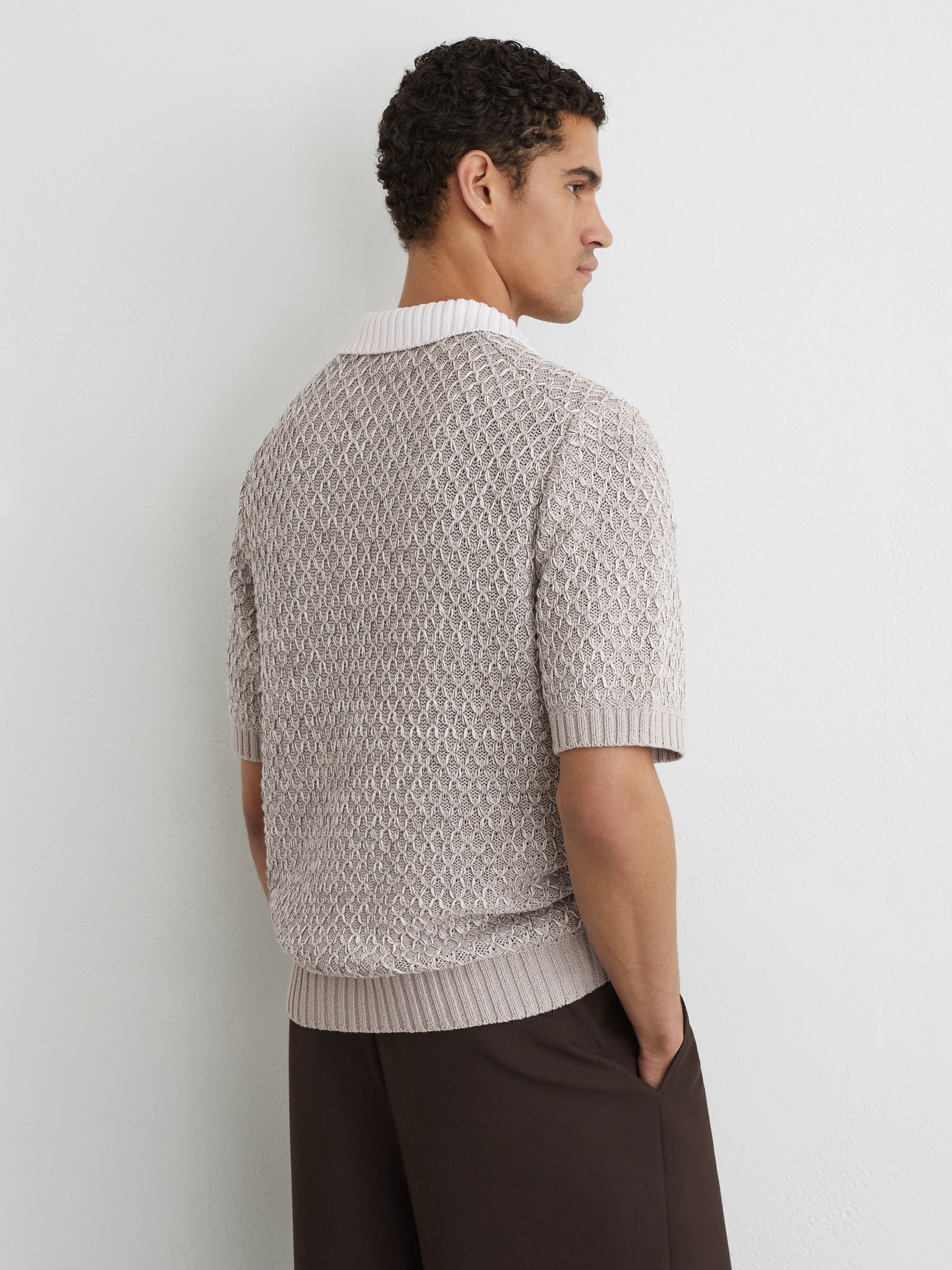 Stitch-Detail Open-Collar Knit Polo Shirt in Soft Grey - image 4