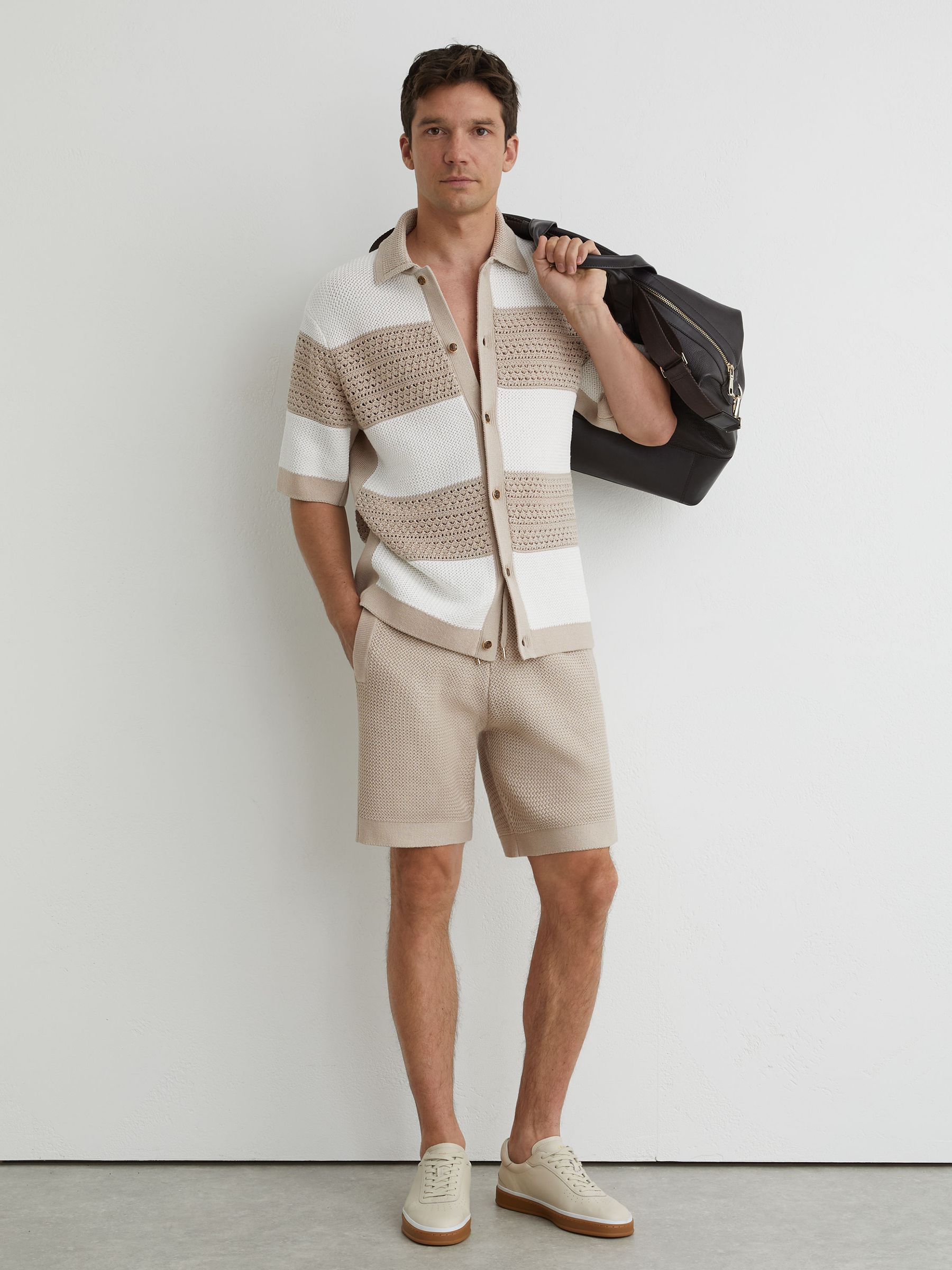 Cotton Textured-Knit Drawstring Shorts in Stone - Image 3 of 7