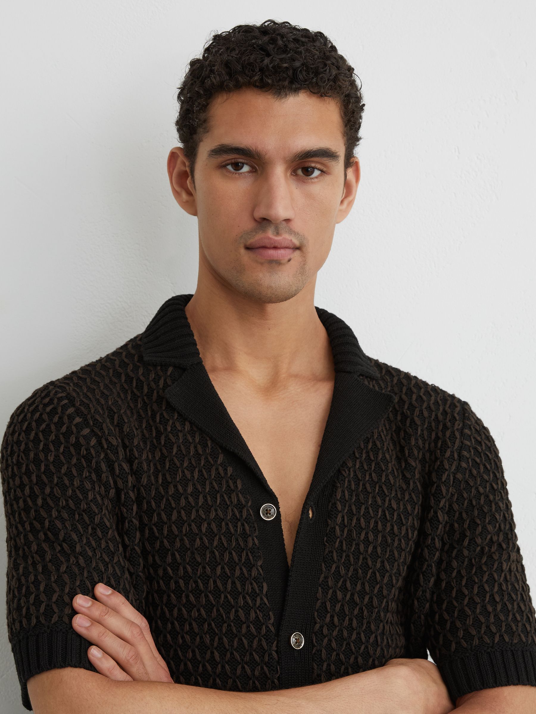 Cotton-Blend Stitch-Detail Knitted Shirt in Black/Chocolate Brown - image 2