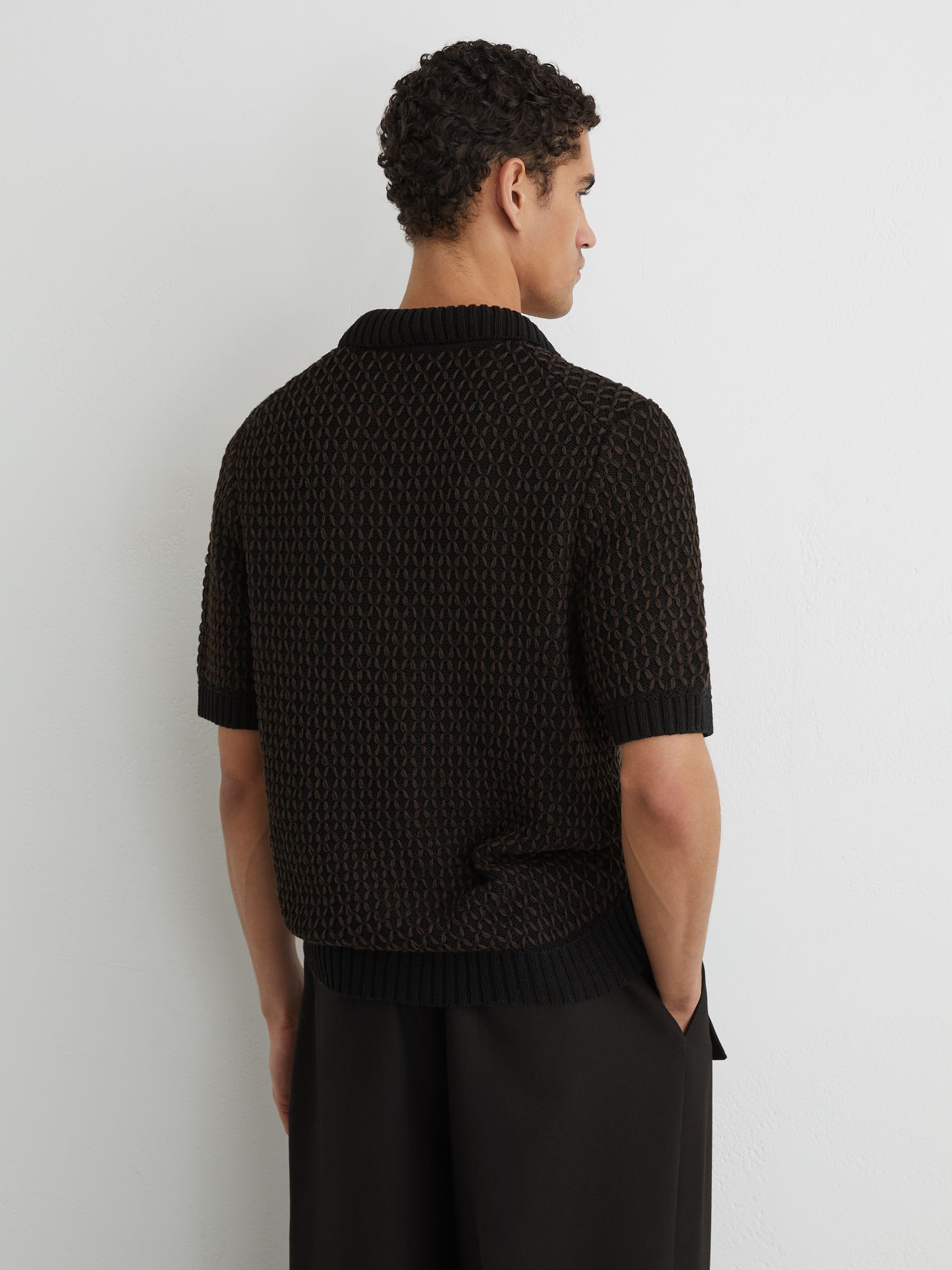 Cotton-Blend Stitch-Detail Knitted Shirt in Black/Chocolate Brown - image 5