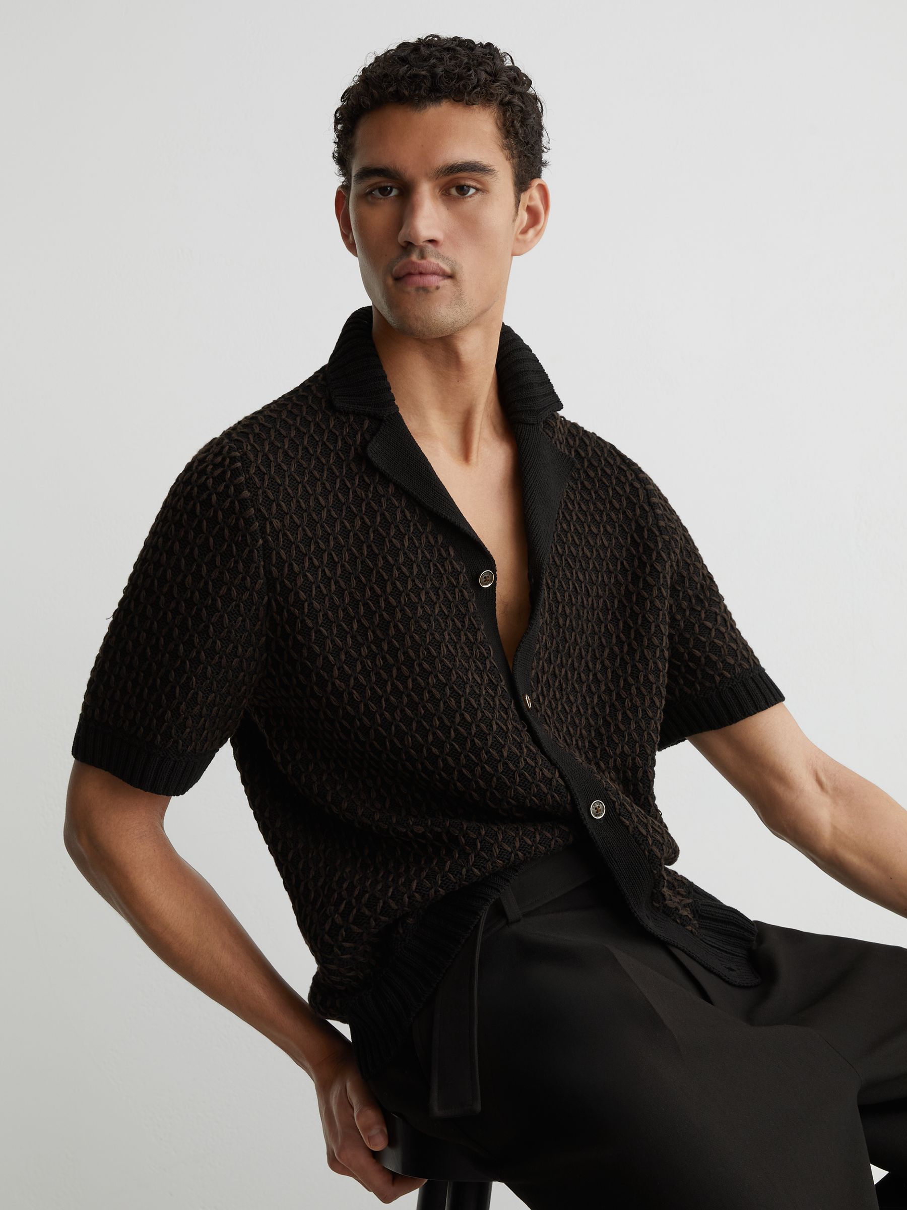 Cotton-Blend Stitch-Detail Knitted Shirt in Black/Chocolate Brown - image 4