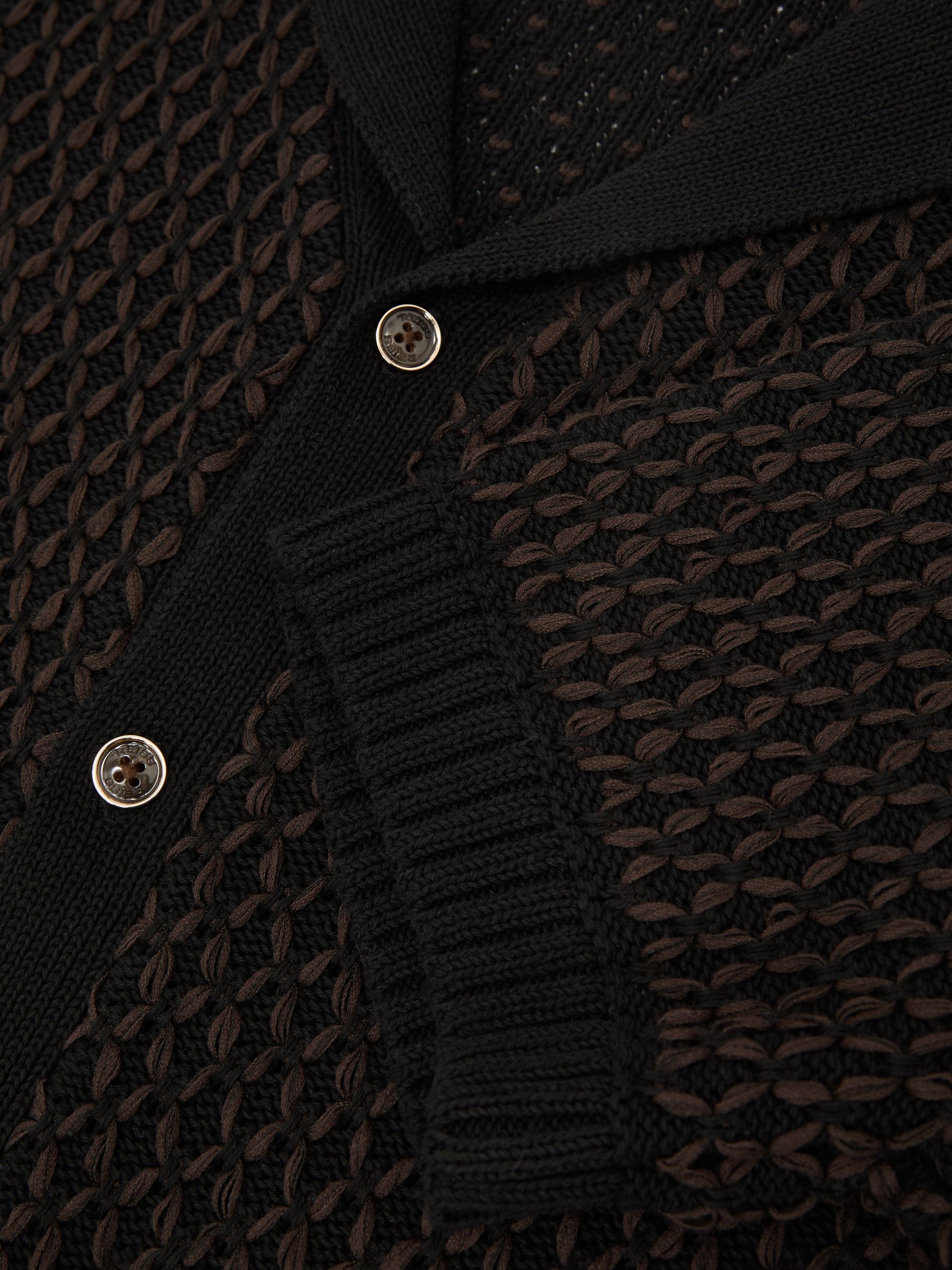 Cotton-Blend Stitch-Detail Knitted Shirt in Black/Chocolate Brown - image 3