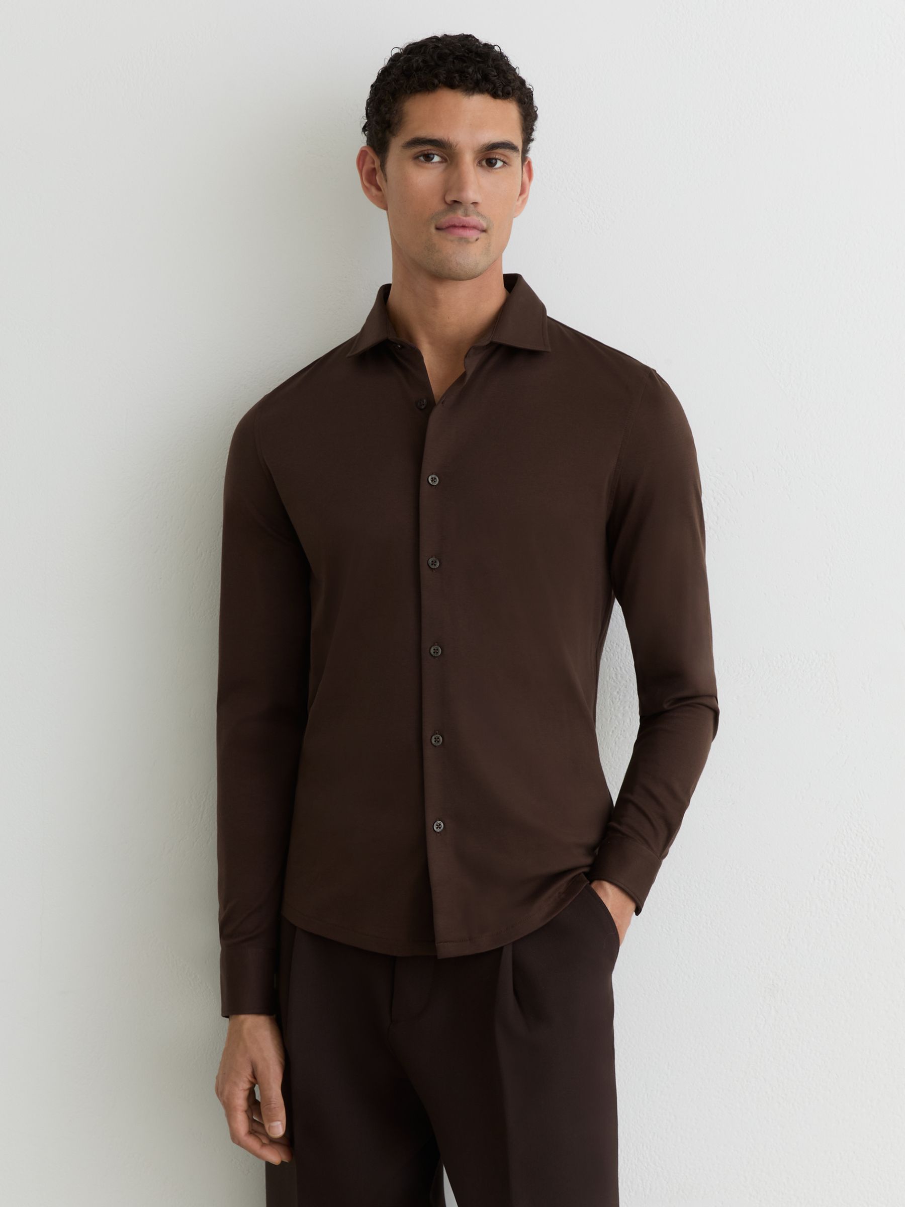 Air-Water Cotton Slim-Fit Shirt in Brown - Image 1 of 6 Air-Water Cotton Slim-Fit Shirt in Brown - Image 1 of 6