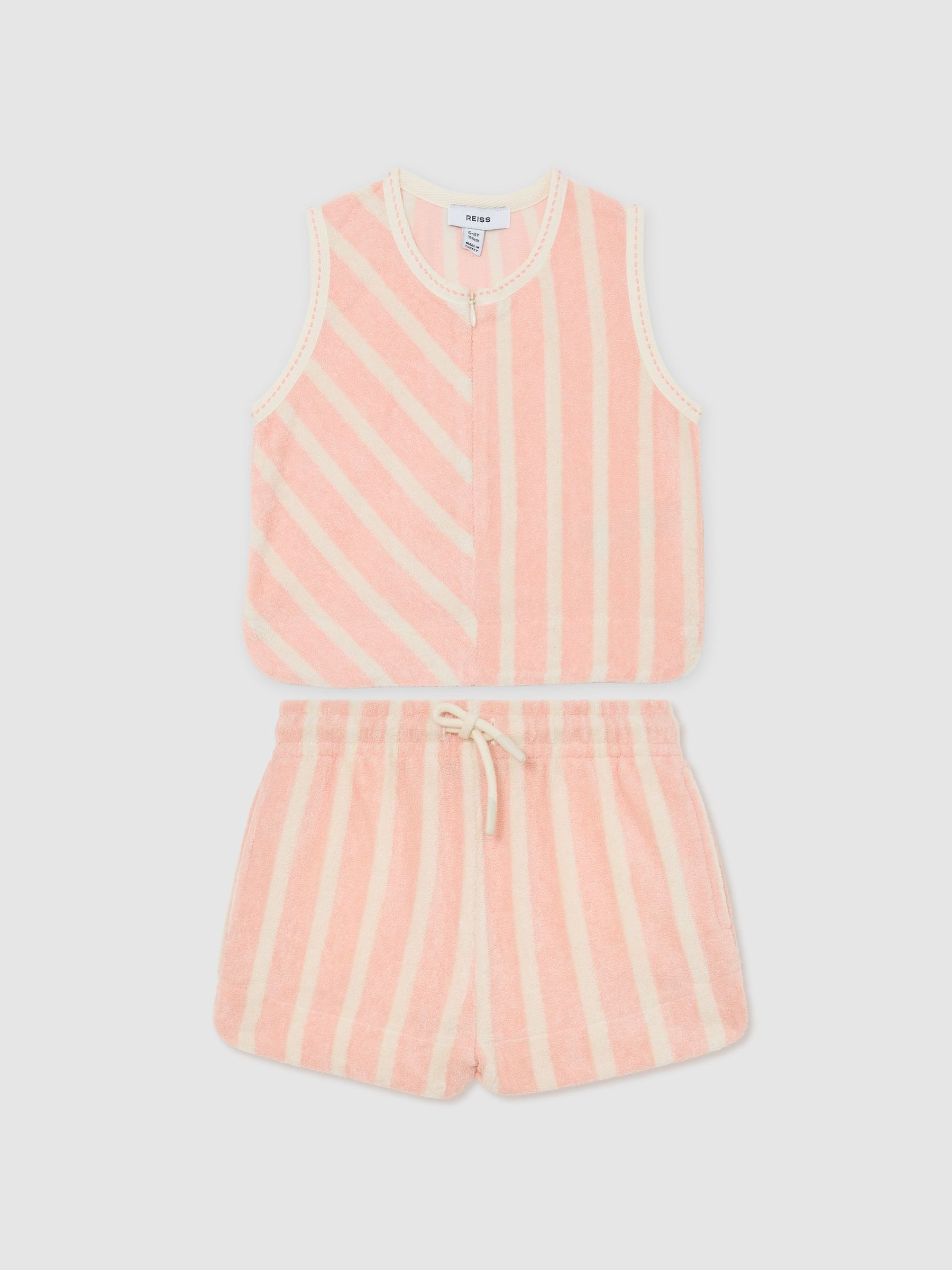 9-13 yrs Towelling Stripe Top and Shorts Set in Peach - Image 2 of 3