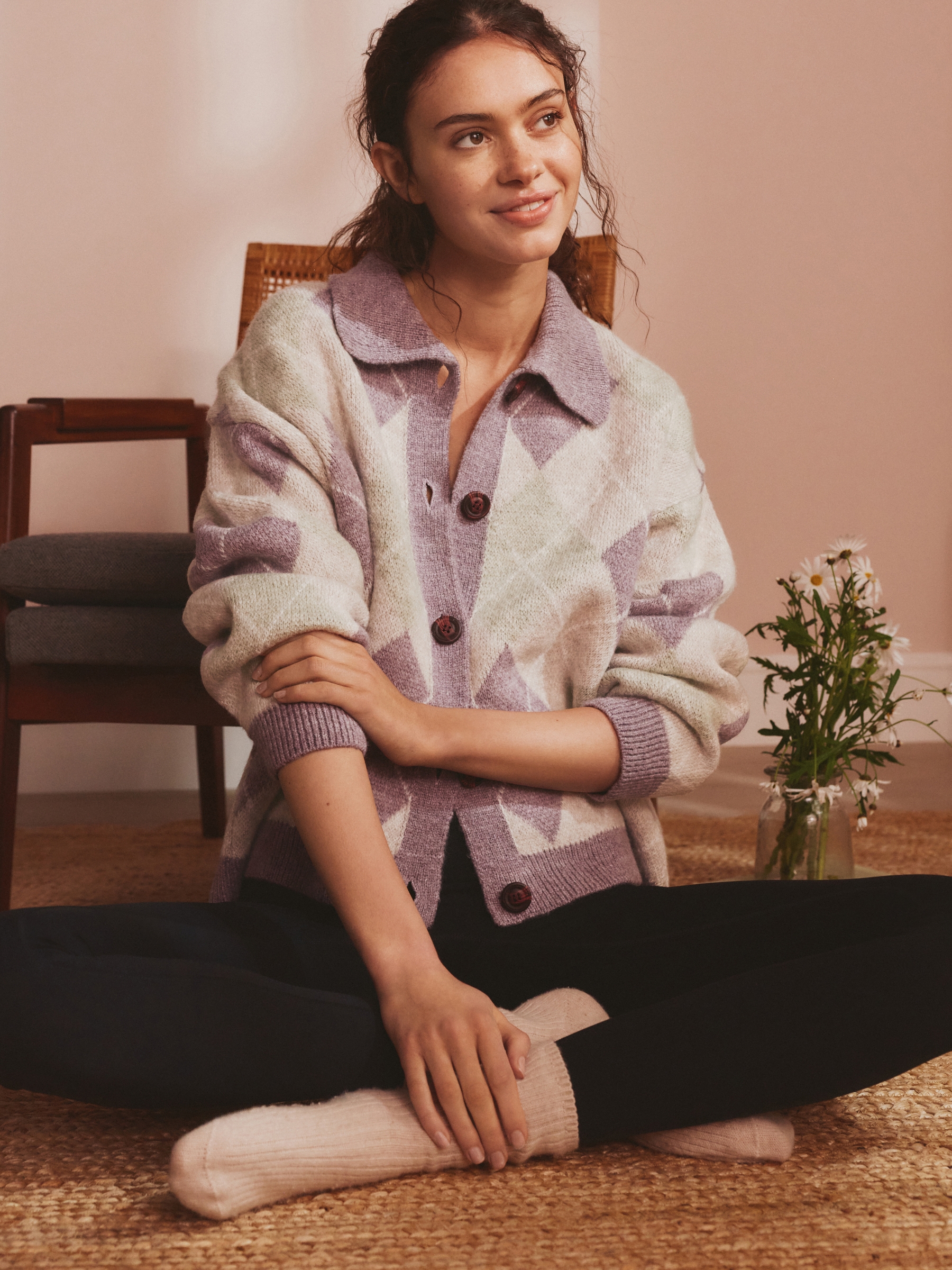 Purple/Green Argyle Lounge Cardigan with Collar - Image 1 of 7