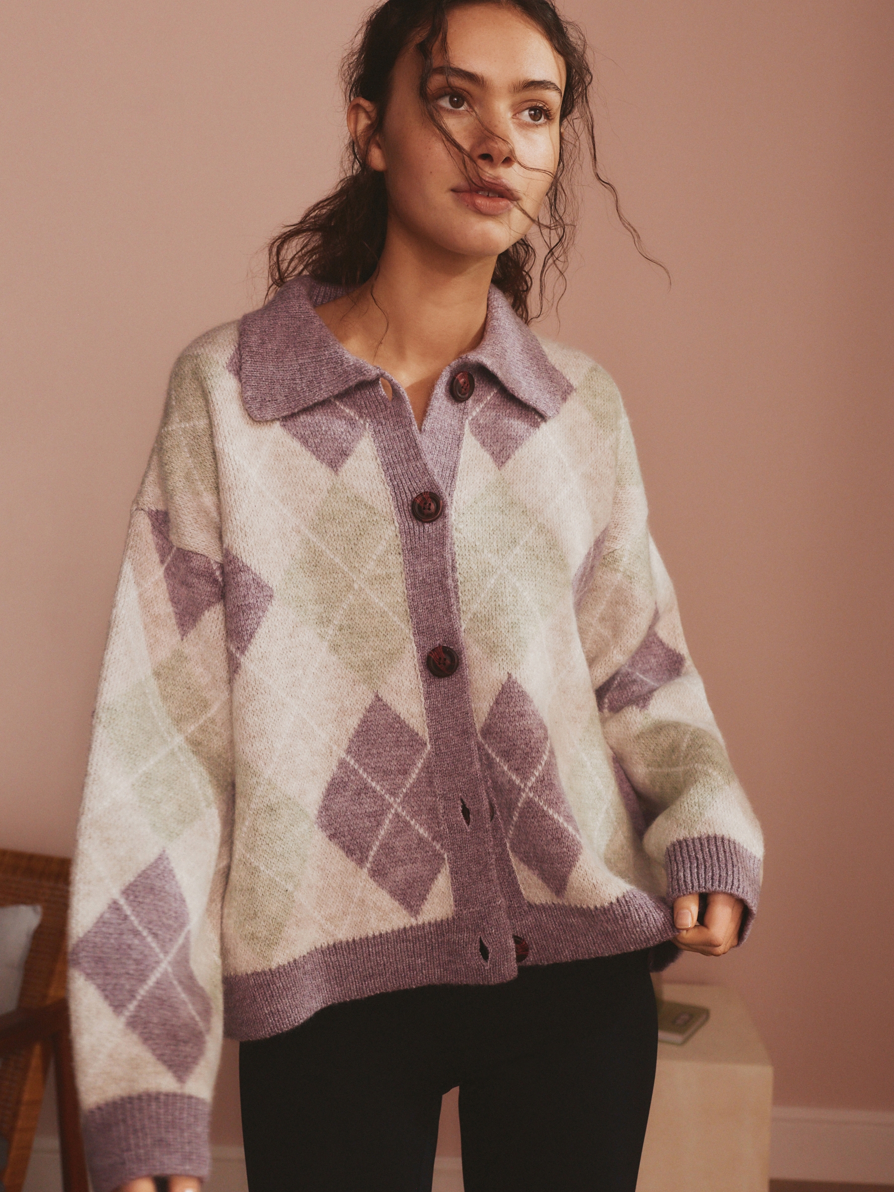 Purple/Green Argyle Lounge Cardigan with Collar - Image 2 of 7