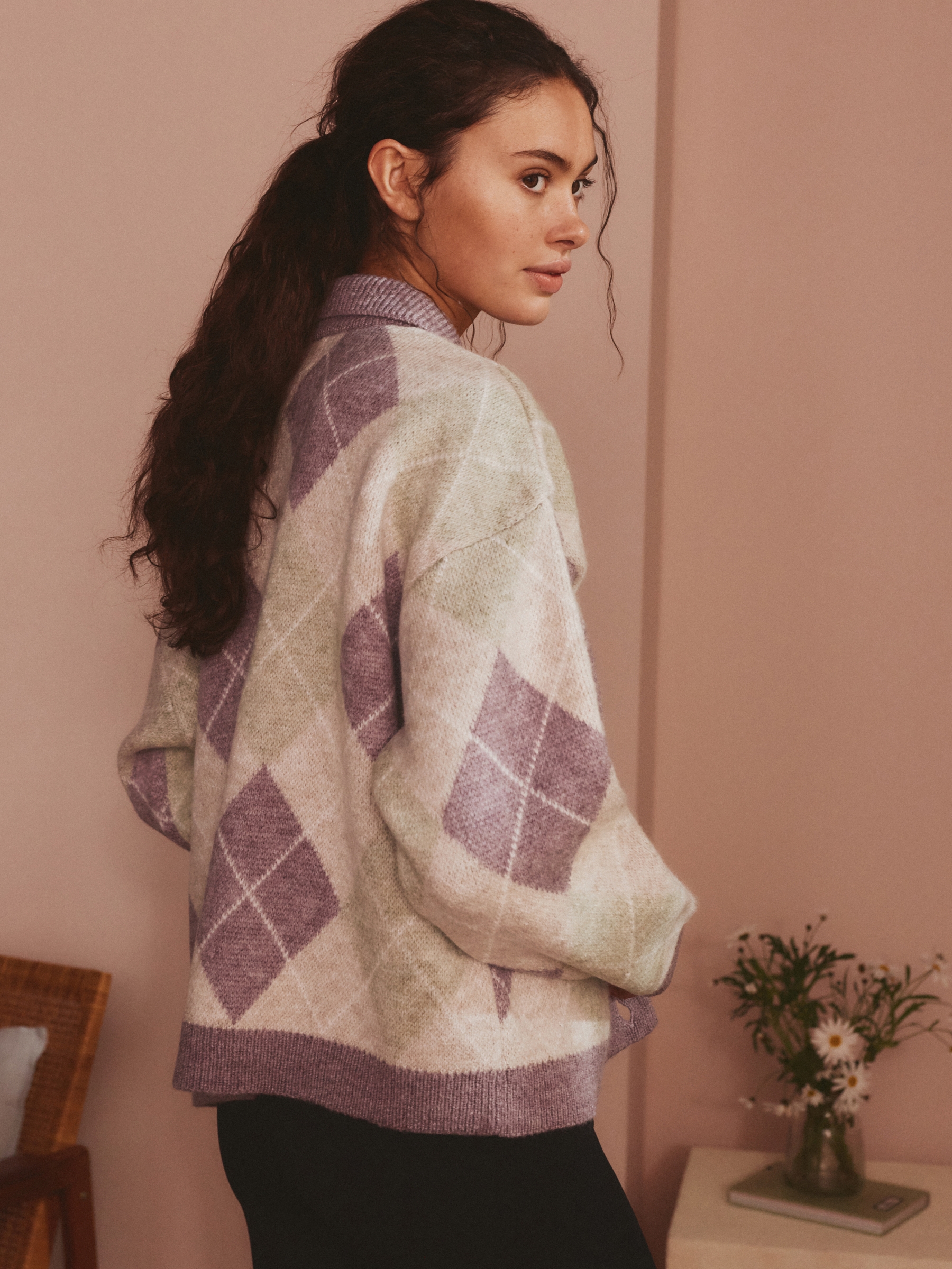 Purple/Green Argyle Lounge Cardigan with Collar - Image 3 of 7