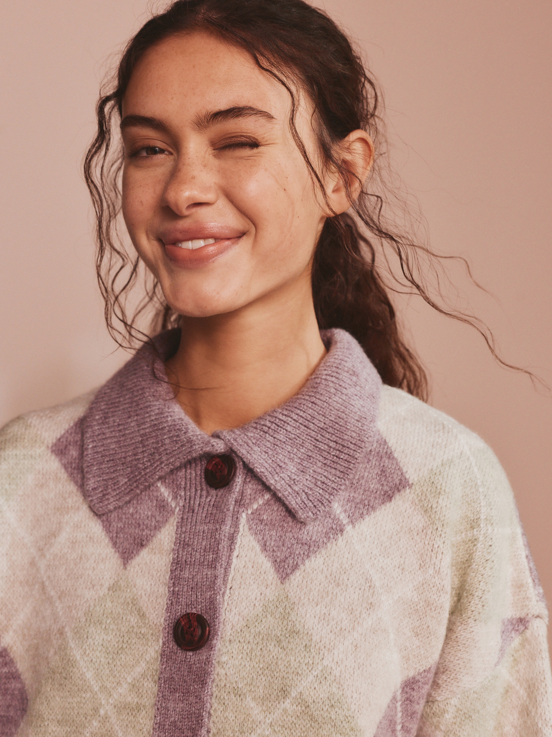 Purple/Green Argyle Lounge Cardigan with Collar - Image 4 of 7