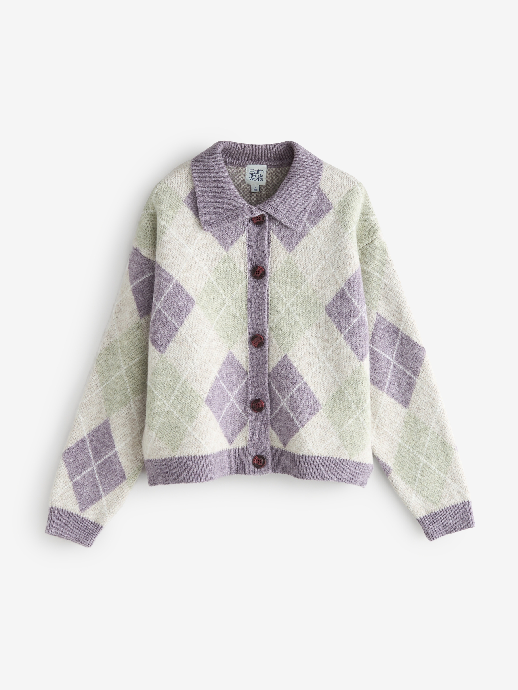 Purple/Green Argyle Lounge Cardigan with Collar - Image 5 of 7