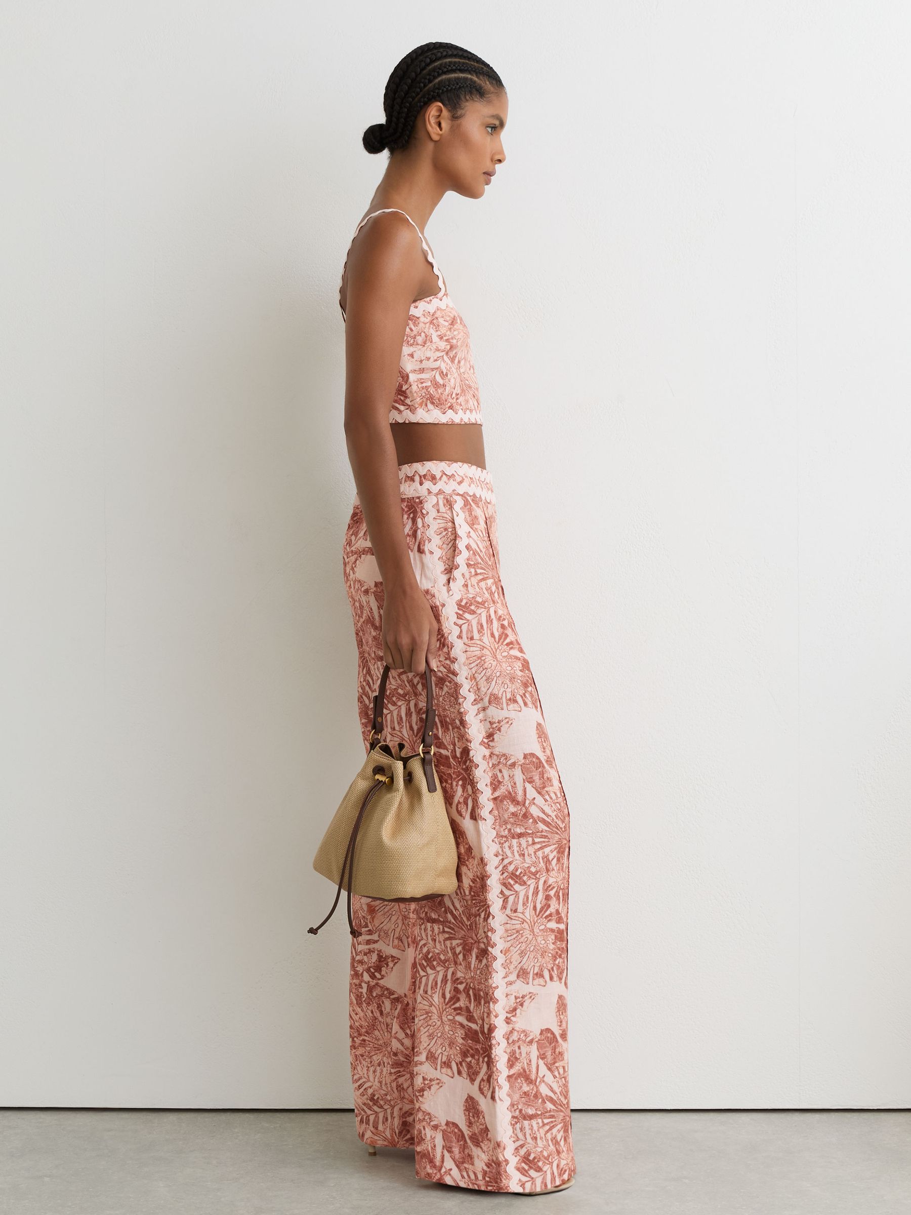 Linen Wave-Trim Wide-Leg Trousers in Pale Pink - image 3